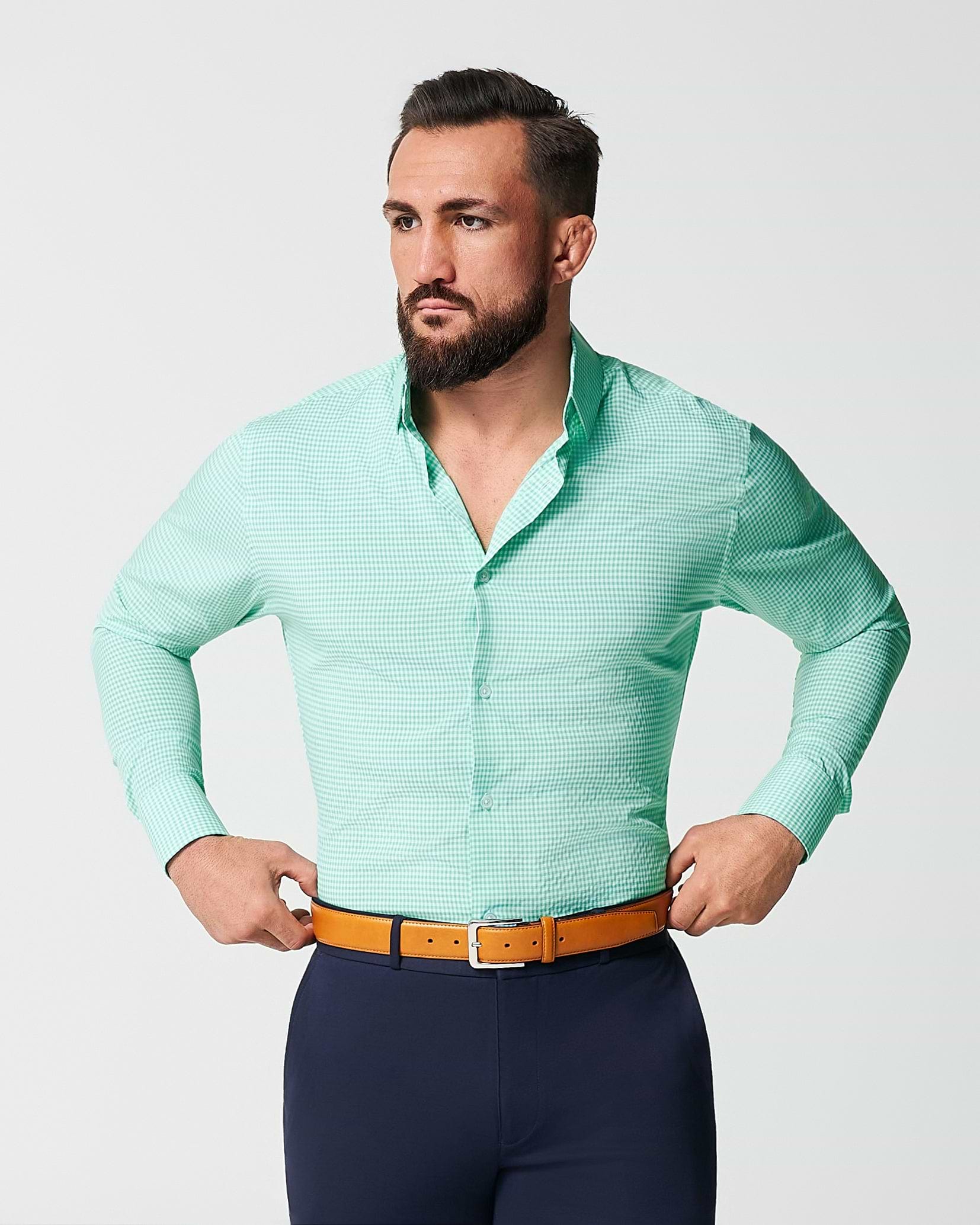 mint green dress shirt Comfort Stretch Non-Iron Stripe With Contrast Trim - Handcrafted with a timeless styling The Charley Mint Green Gingham