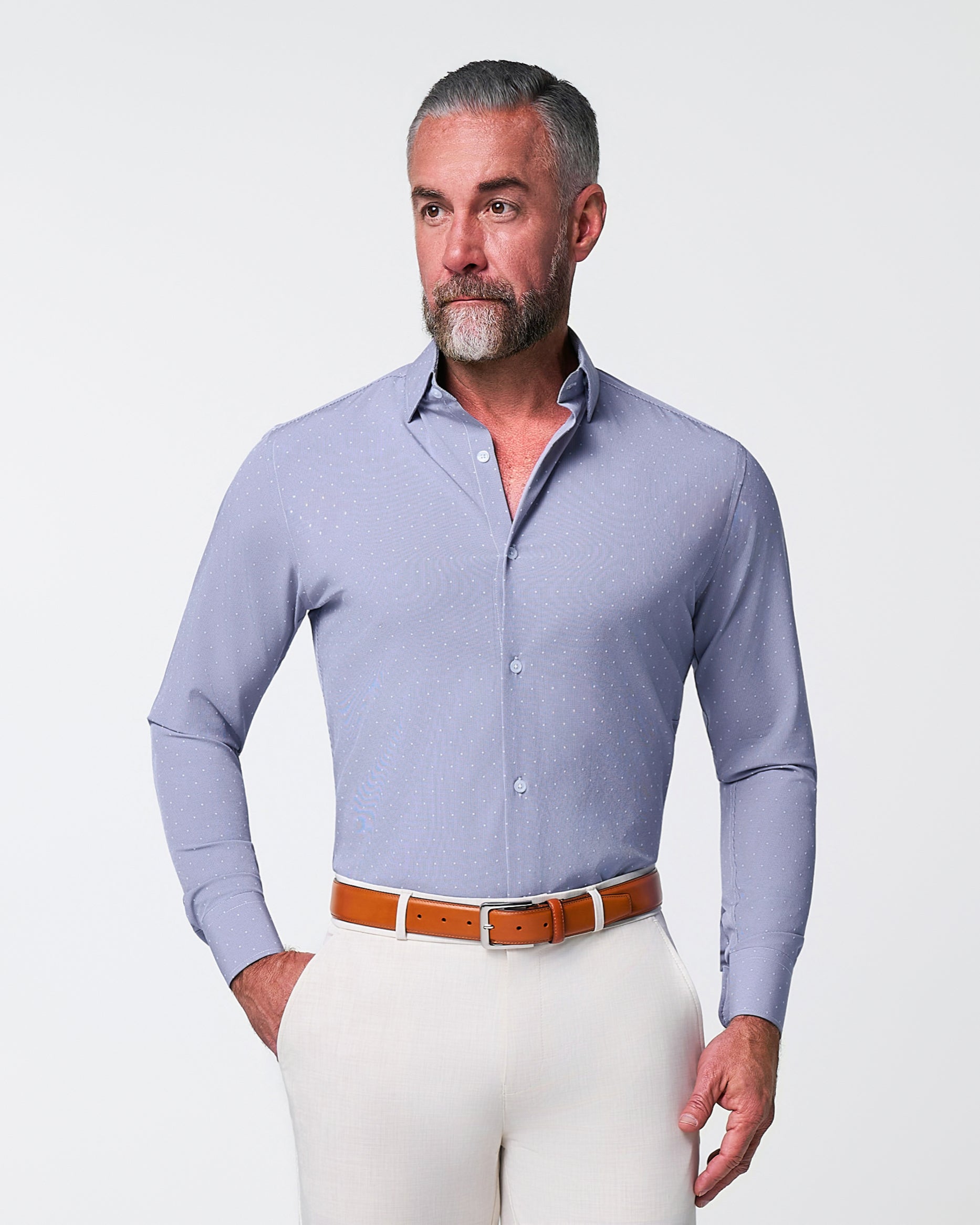 blue dress shirt with white dots 