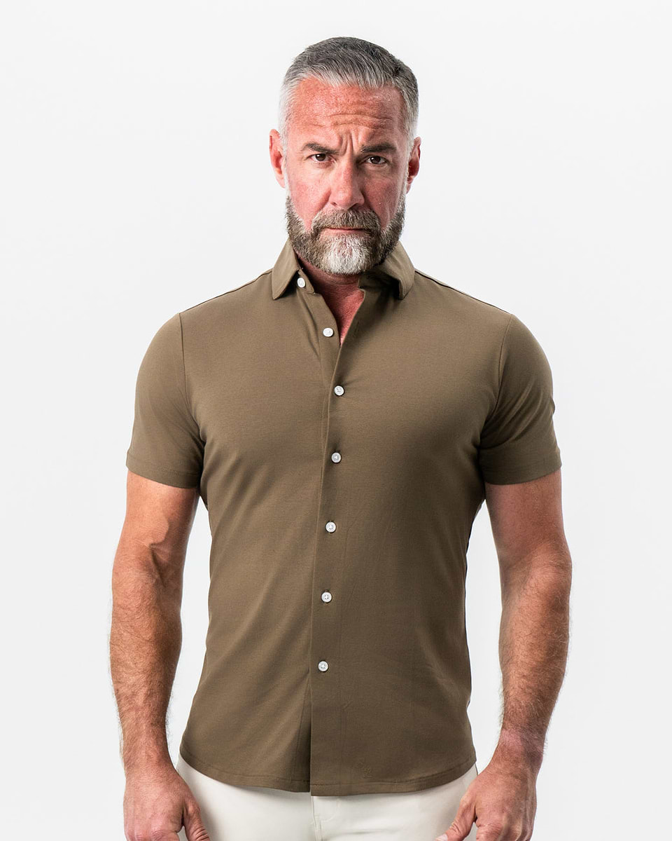 olive green dress shirt Tapered Fit - Muscle Fitted it sits as a versatile khaki button The Lincoln" Olive Short Sleeve