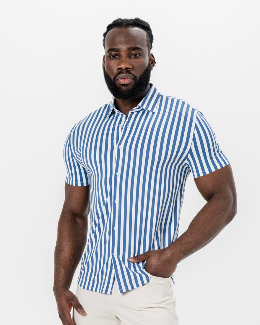 blue bengal stripe dress shirt Collars & Co Apex Performance Dress Shirt Navy Bengal Stripe / X-Large
