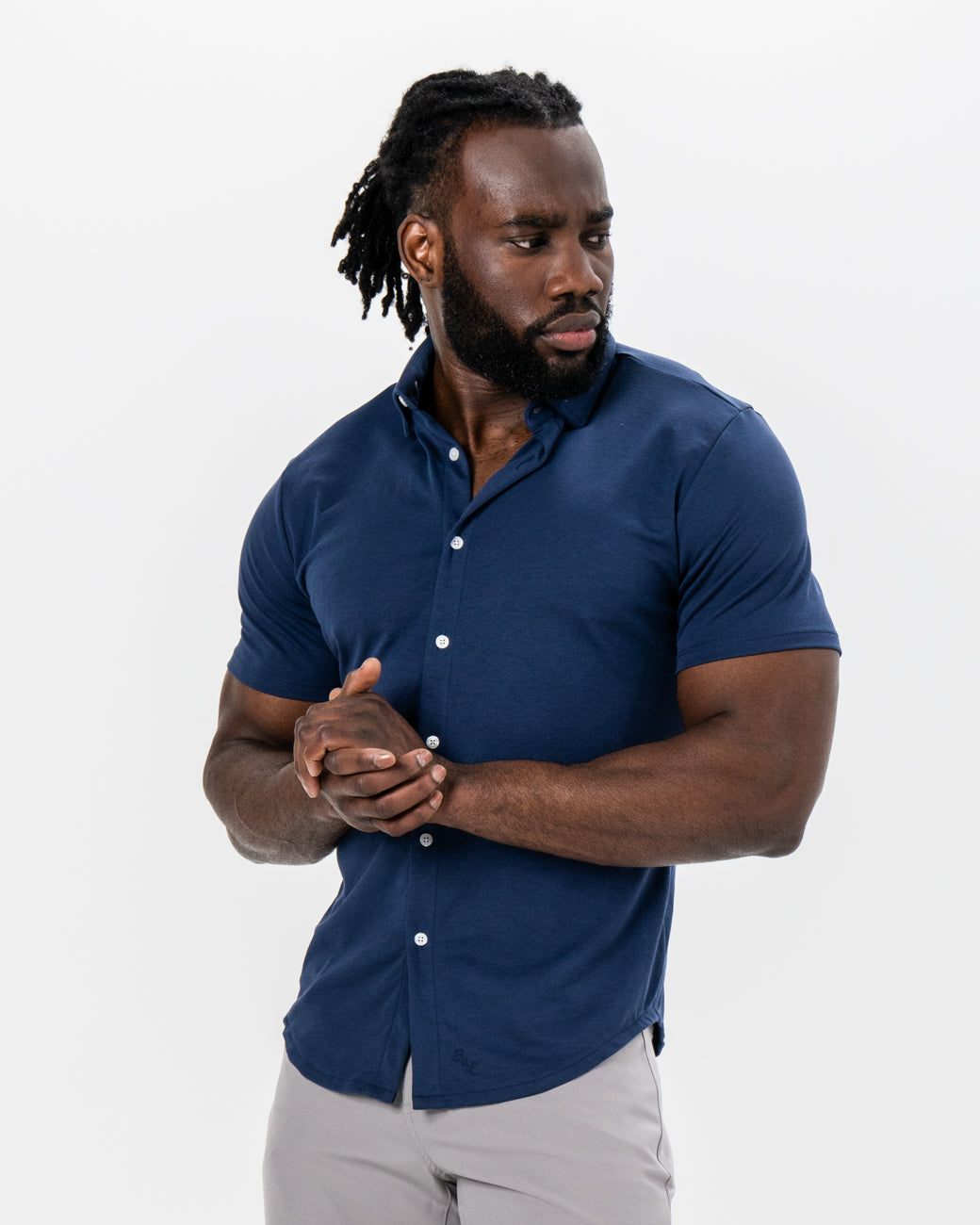 dark blue short sleeve dress shirt The Deke Navy Pique Button Down 2XL / Navy Flowers Dressed in Blue