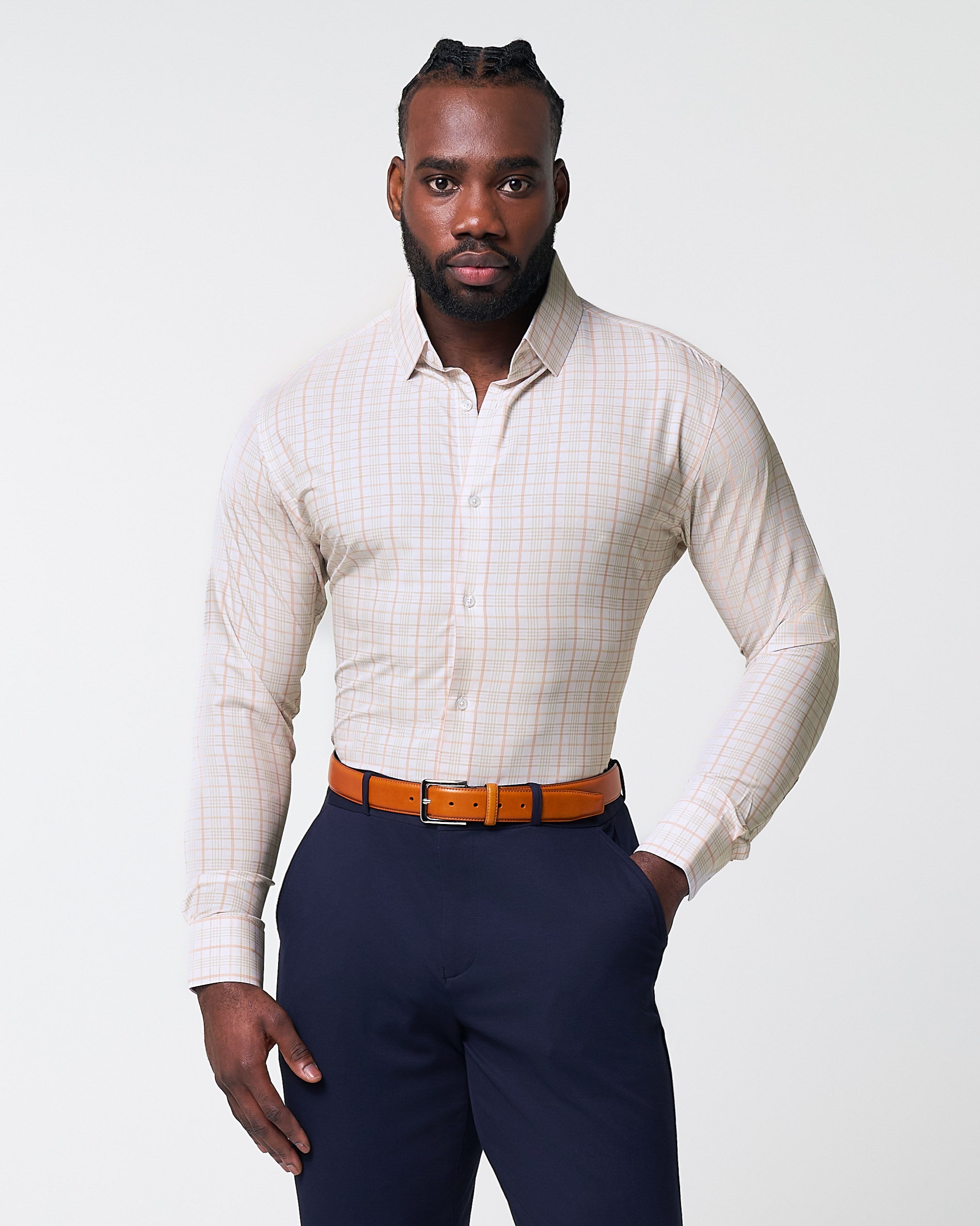 orange and white checkered dress shirt The Carl