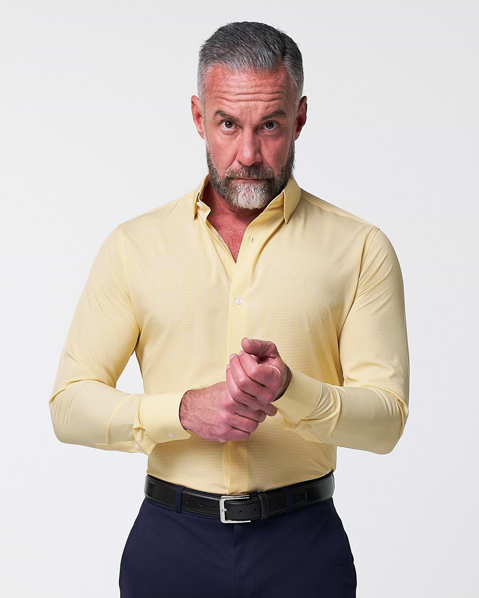 yellow men's dress shirt gold color long sleeves 16 1/2 ( 34-35 ) The shirt is cut quite narrow at the shoulders in all sizes Sumtumn Men's Yellow Dress Shirts