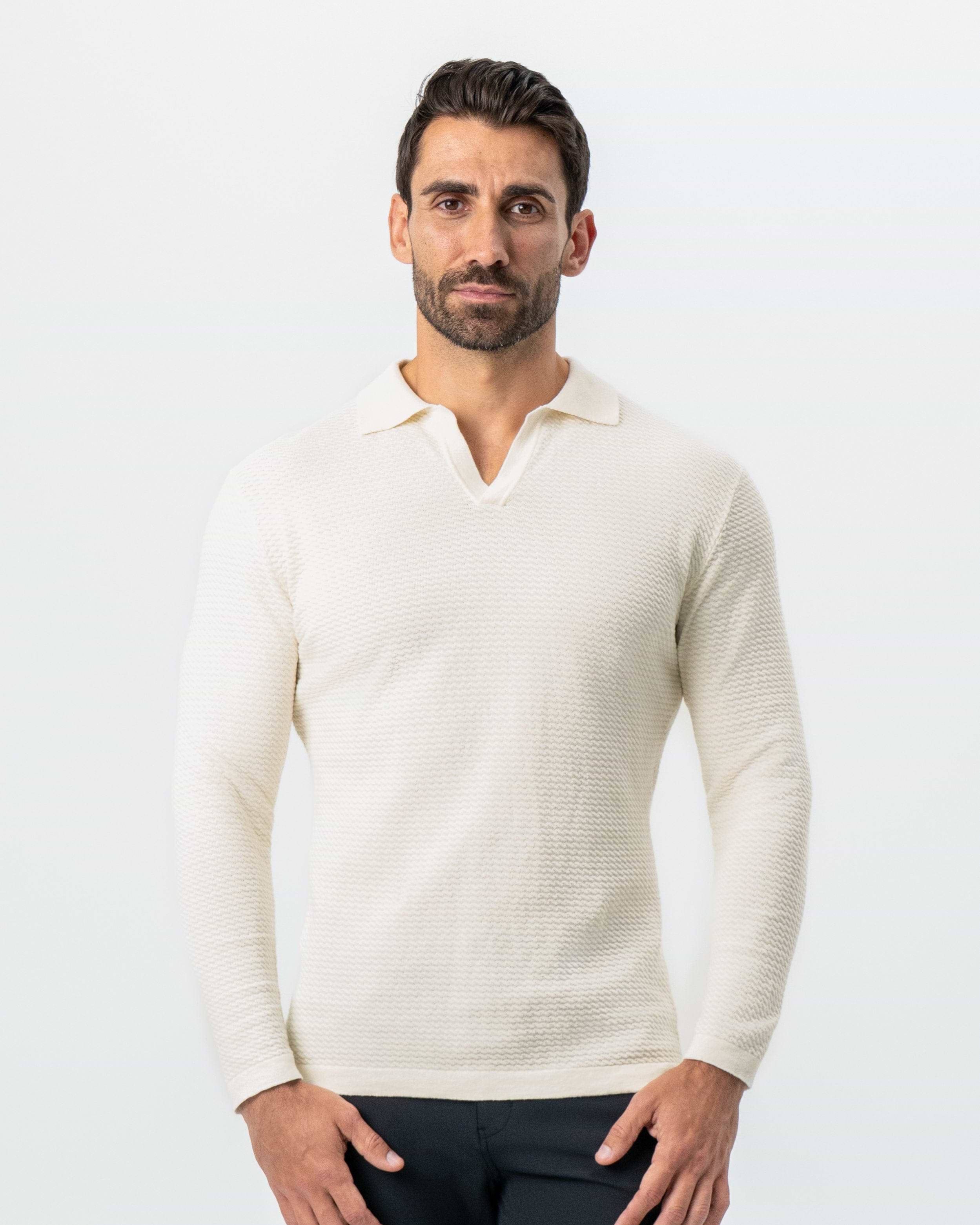Tan Wear Less Textured Buttonless Long Sleeve Polo - Tan