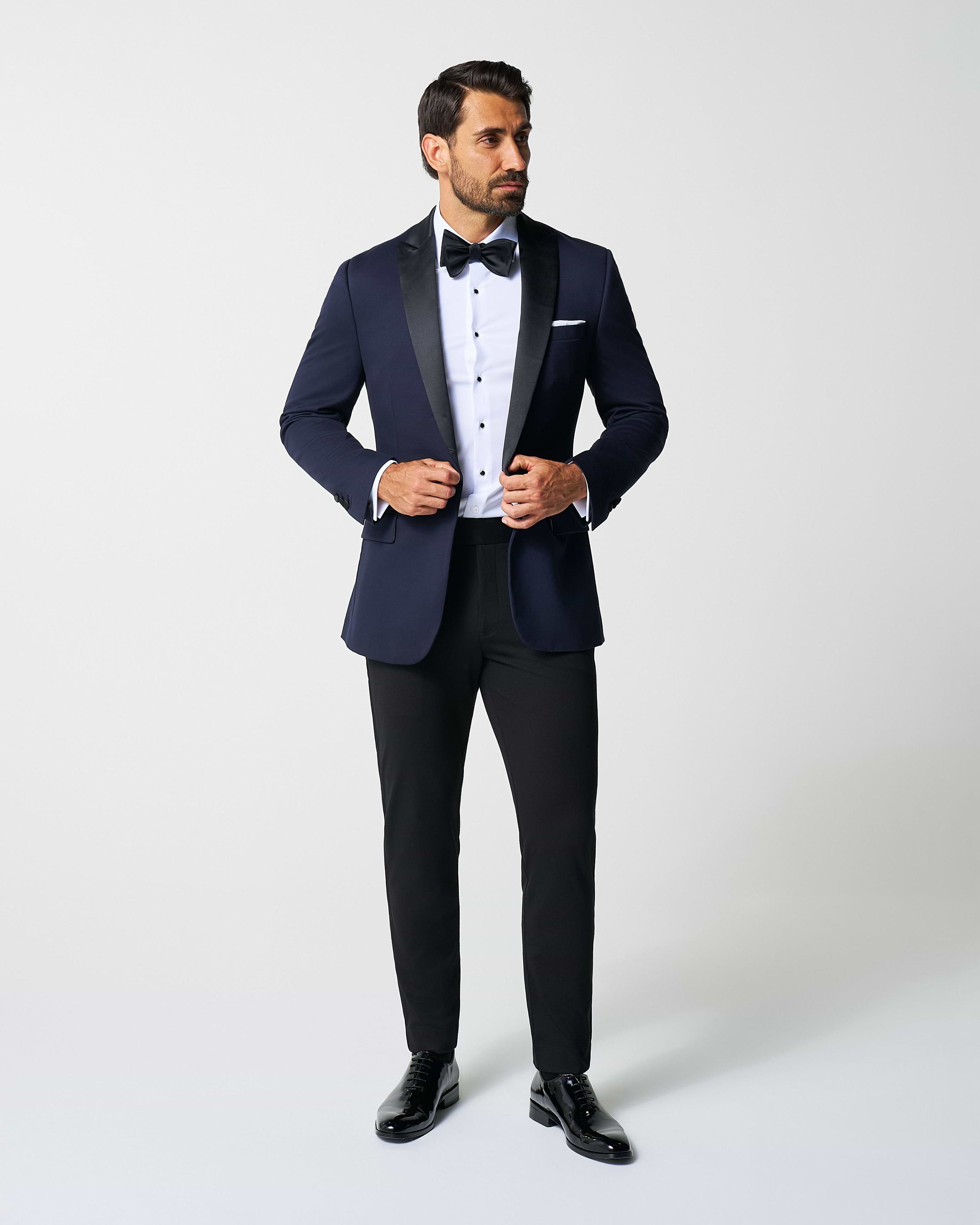 navy blue dress shirt with bow tie Athletic Fit Stretch Tuxedo