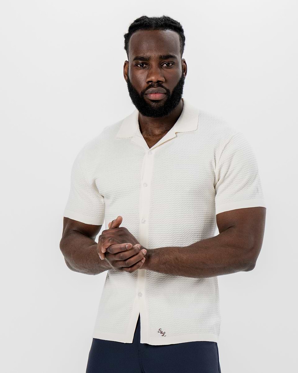 Textured Knit Short Sleeve Button Down