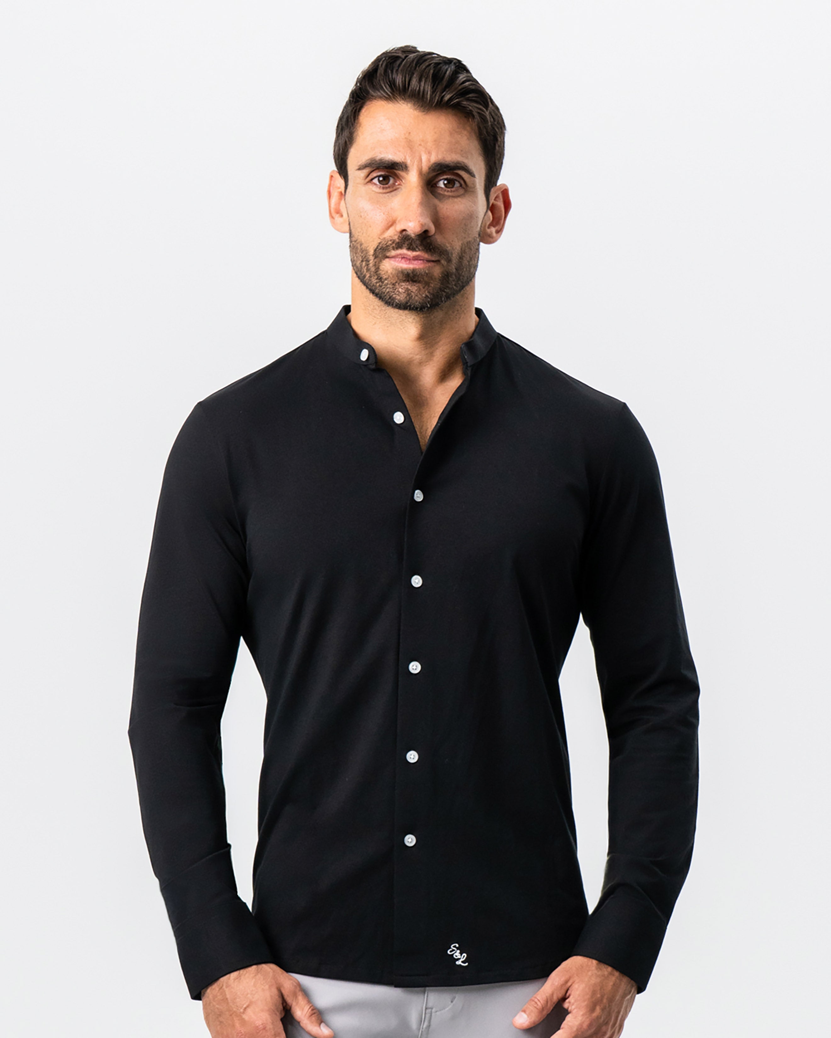 Banded Collar Button Down - Black S / Black