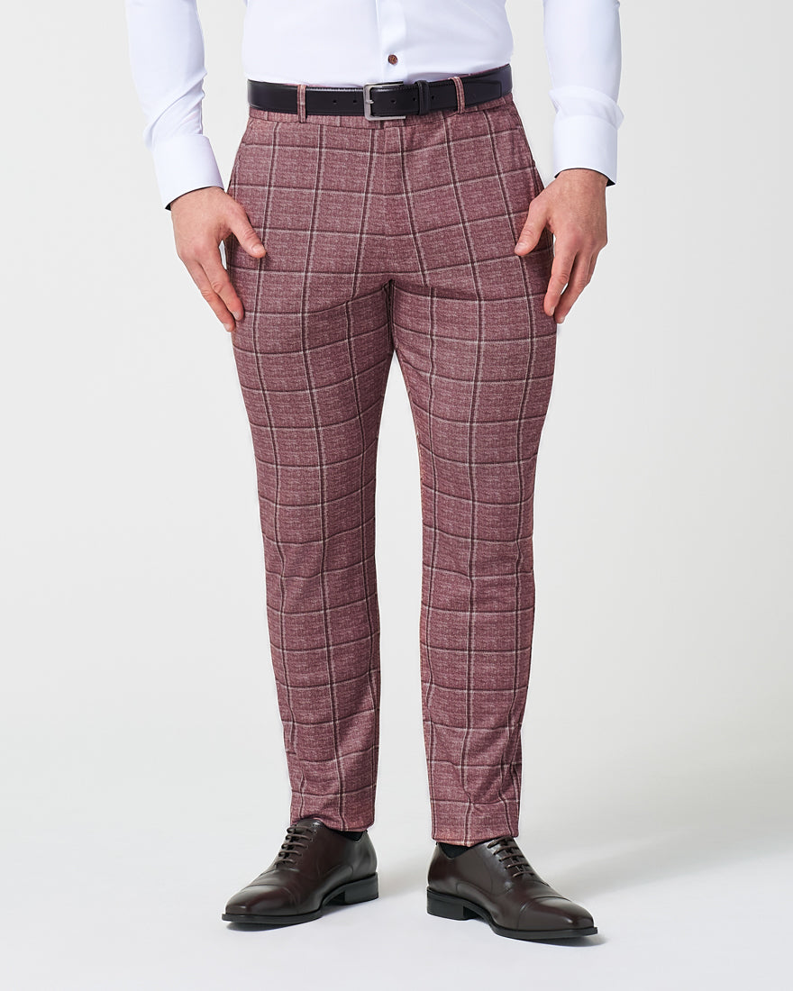 burgundy dress pants men Athletic Fit Stretch Suit - Crimson with Big Windowpane 42W Color:Medium Denim Pants have an open Anzu Peplum Sweater Mini Screen Print