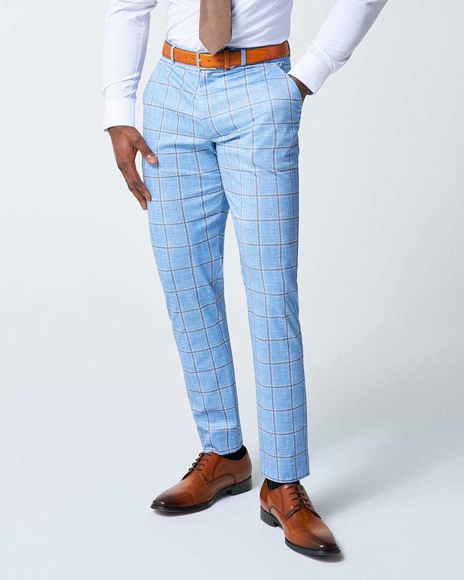 guys dress pants Athletic Fit Stretch Suit Pants - Light Blue and Brown Big Windowpane 34W