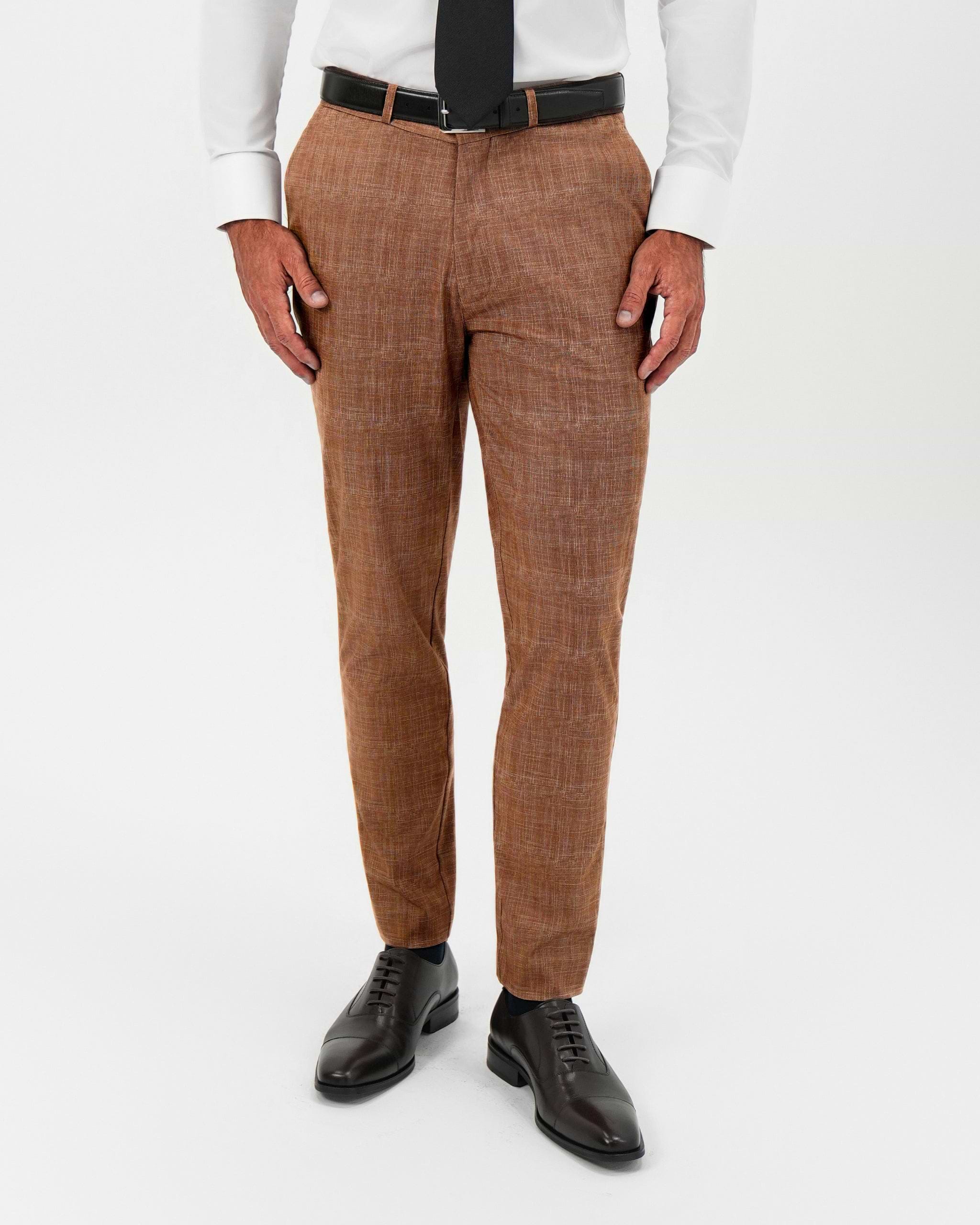 Athletic Fit Stretch Pants - Light Brown Crosshatch 36W