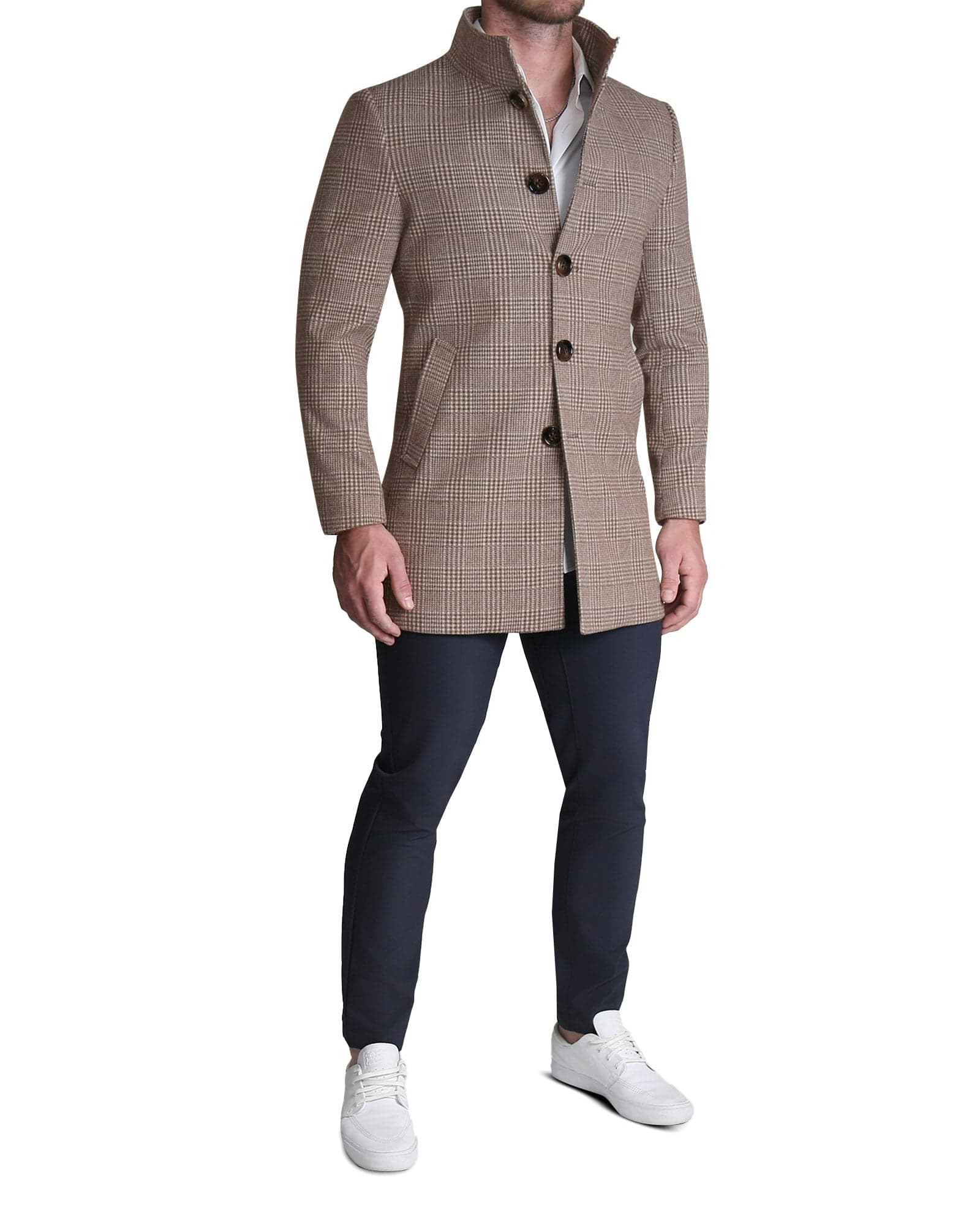 Brown Plaid Open Button Overcoat