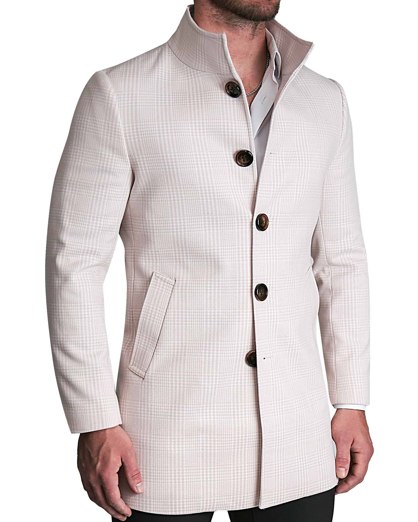 Light Tan Plaid Open Button Overcoat