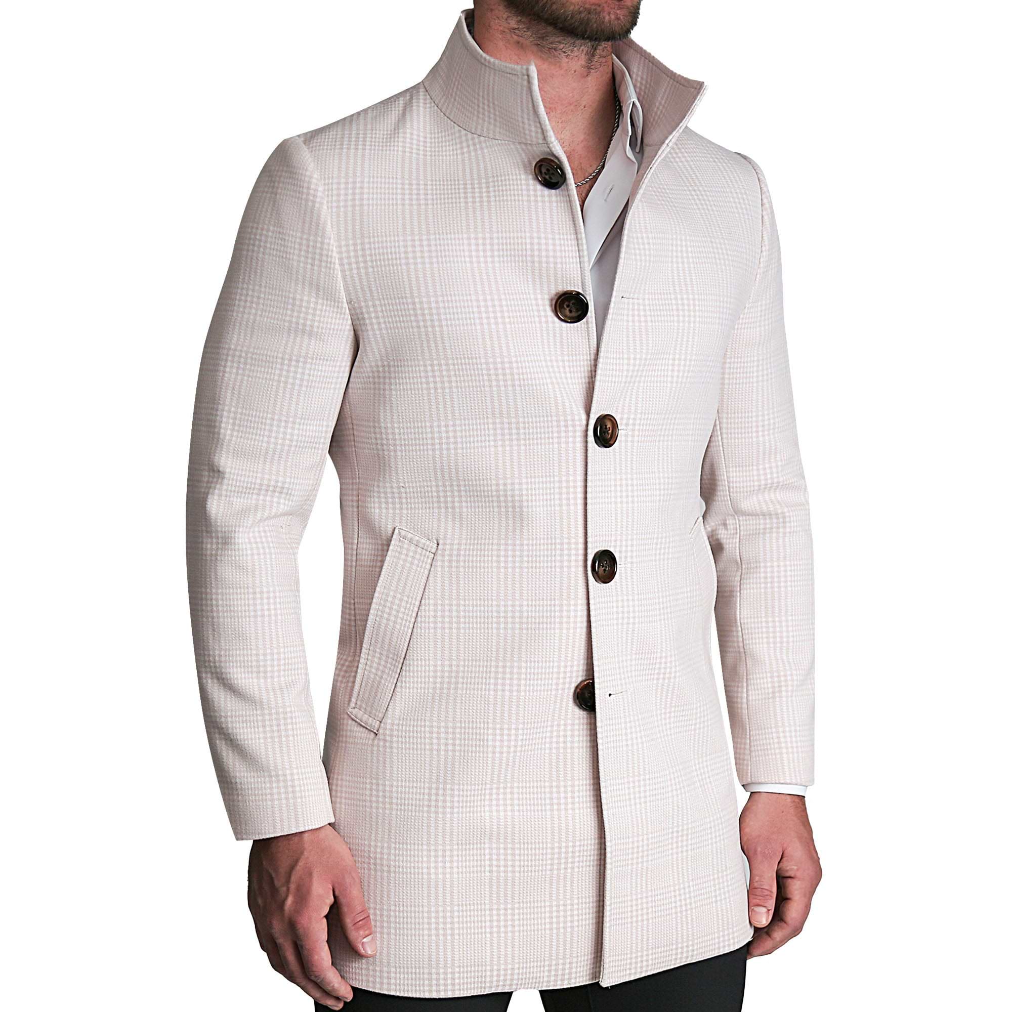 Light Tan Plaid Open Button Overcoat