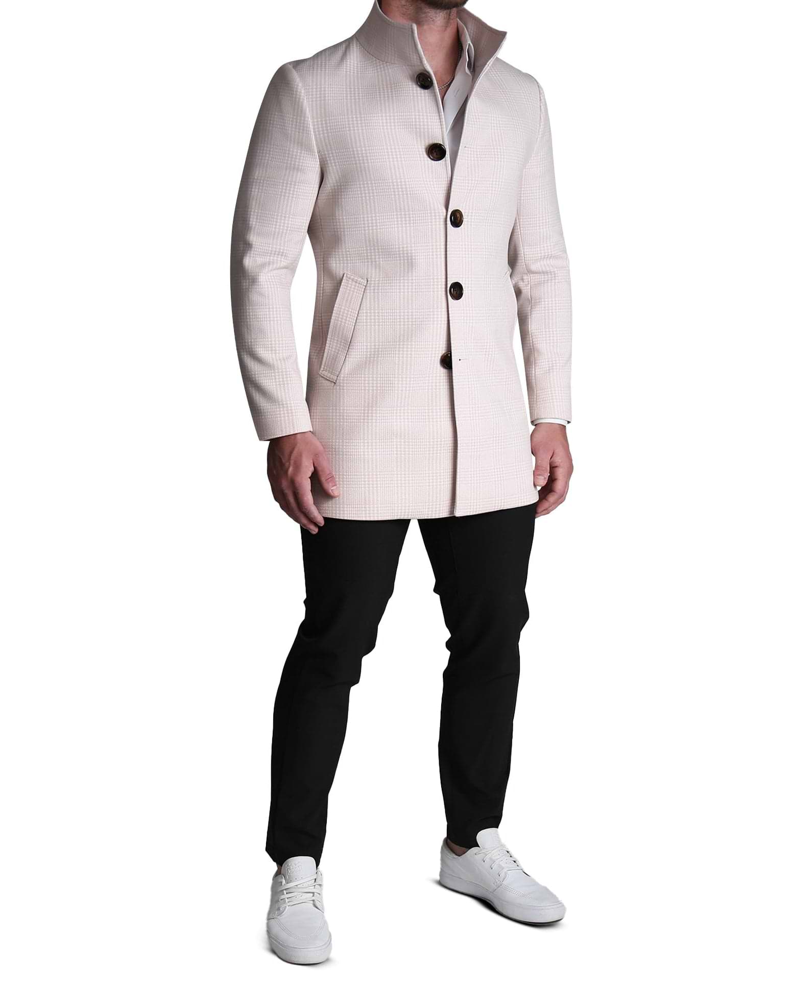 Light Tan Plaid Open Button Overcoat