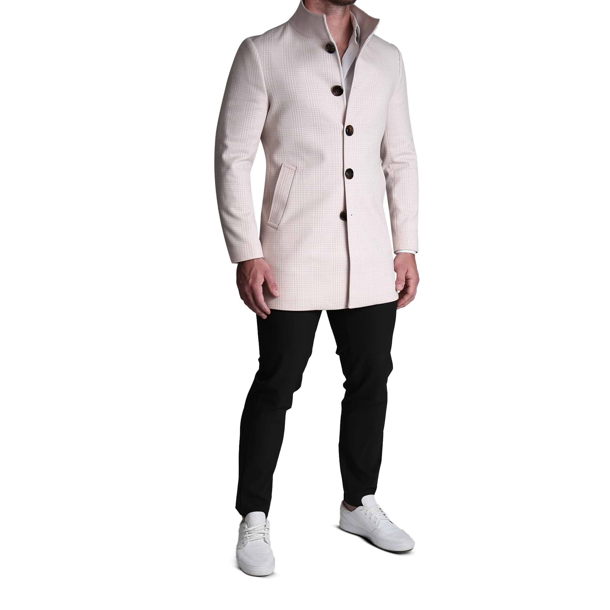 Light Tan Plaid Open Button Overcoat