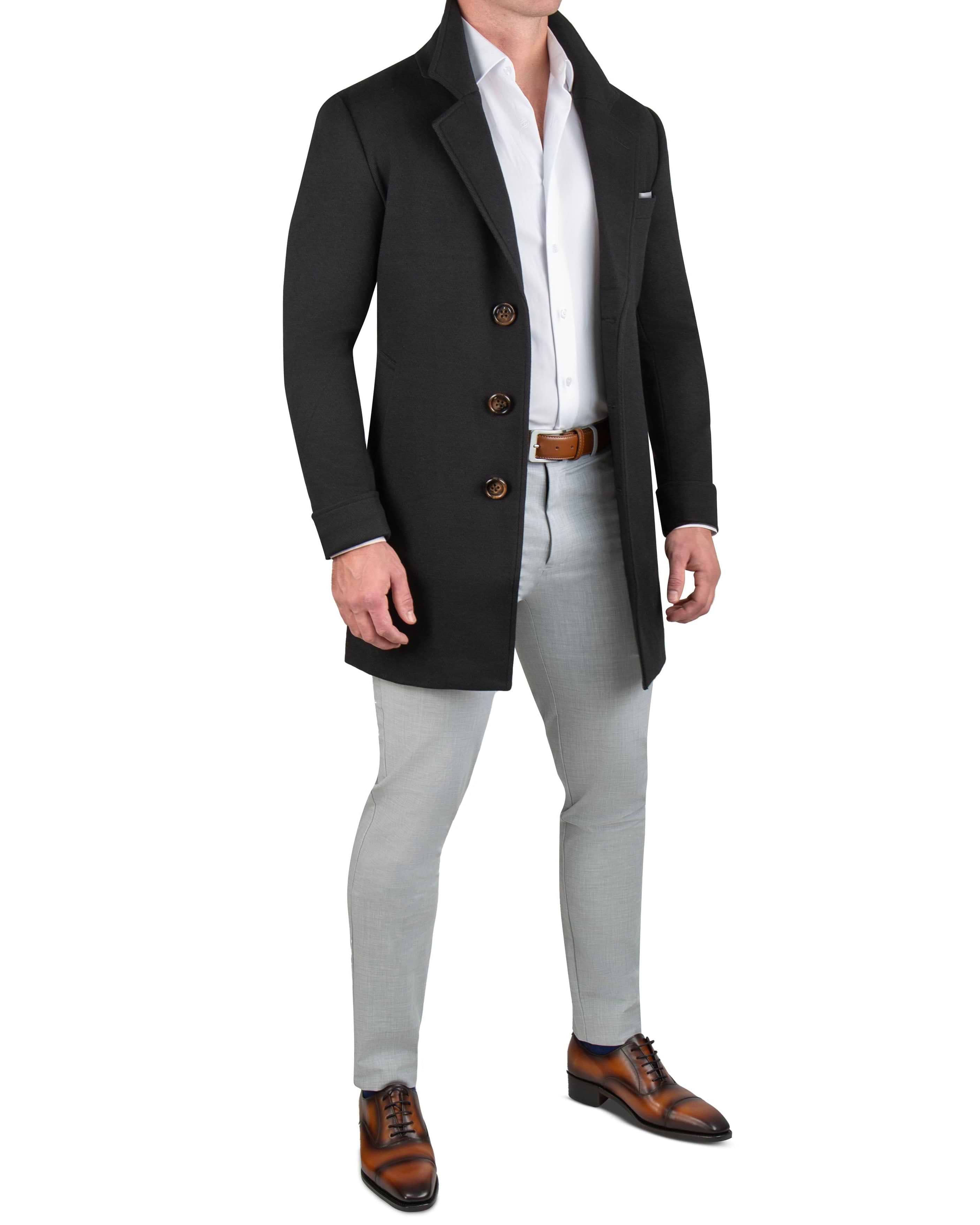 Black Herringbone 3-Button Overcoat
