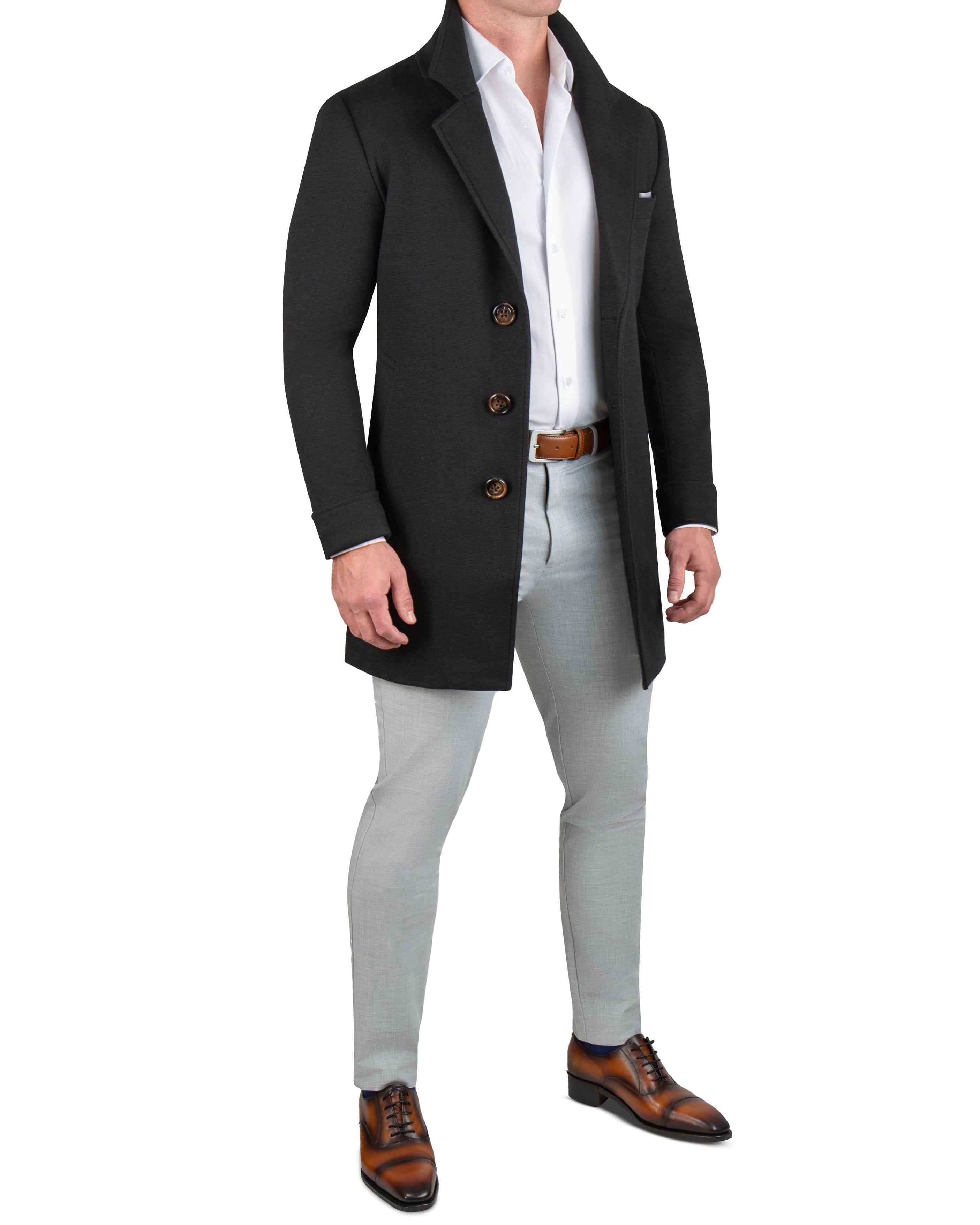 Black Herringbone 3-Button Overcoat