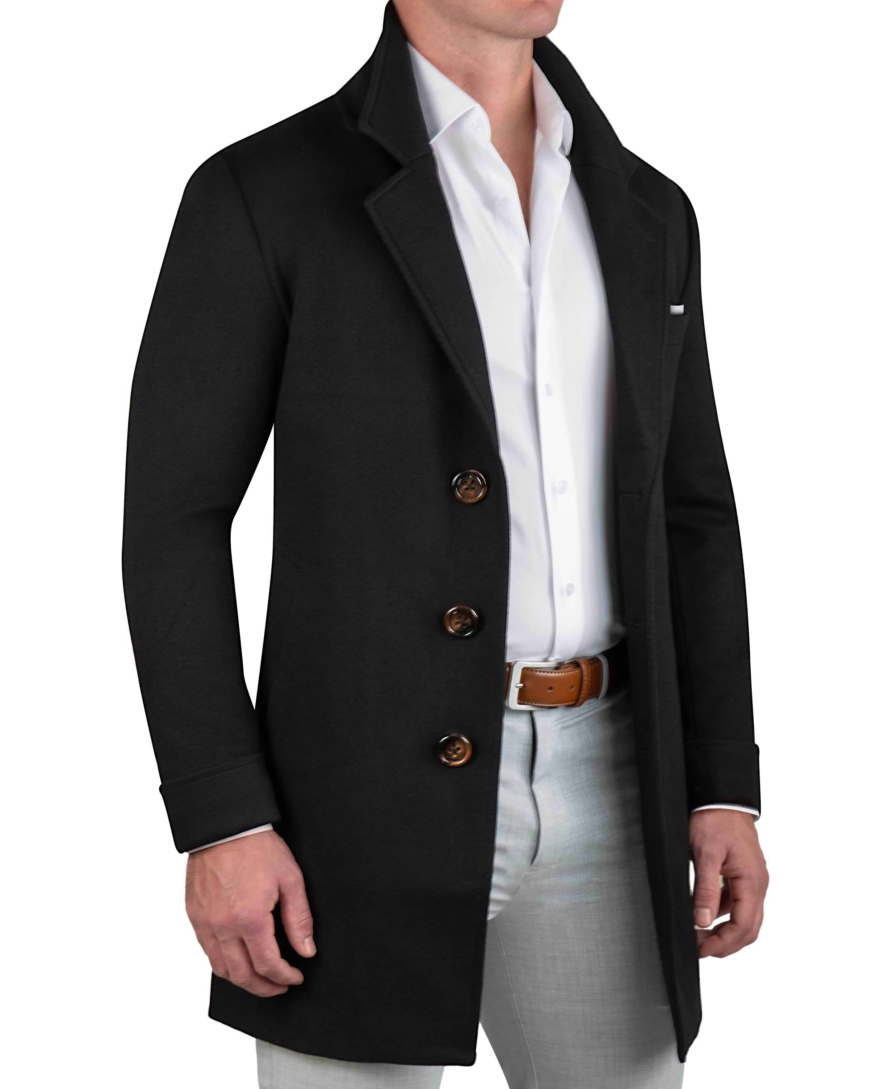 Black Herringbone 3-Button Overcoat