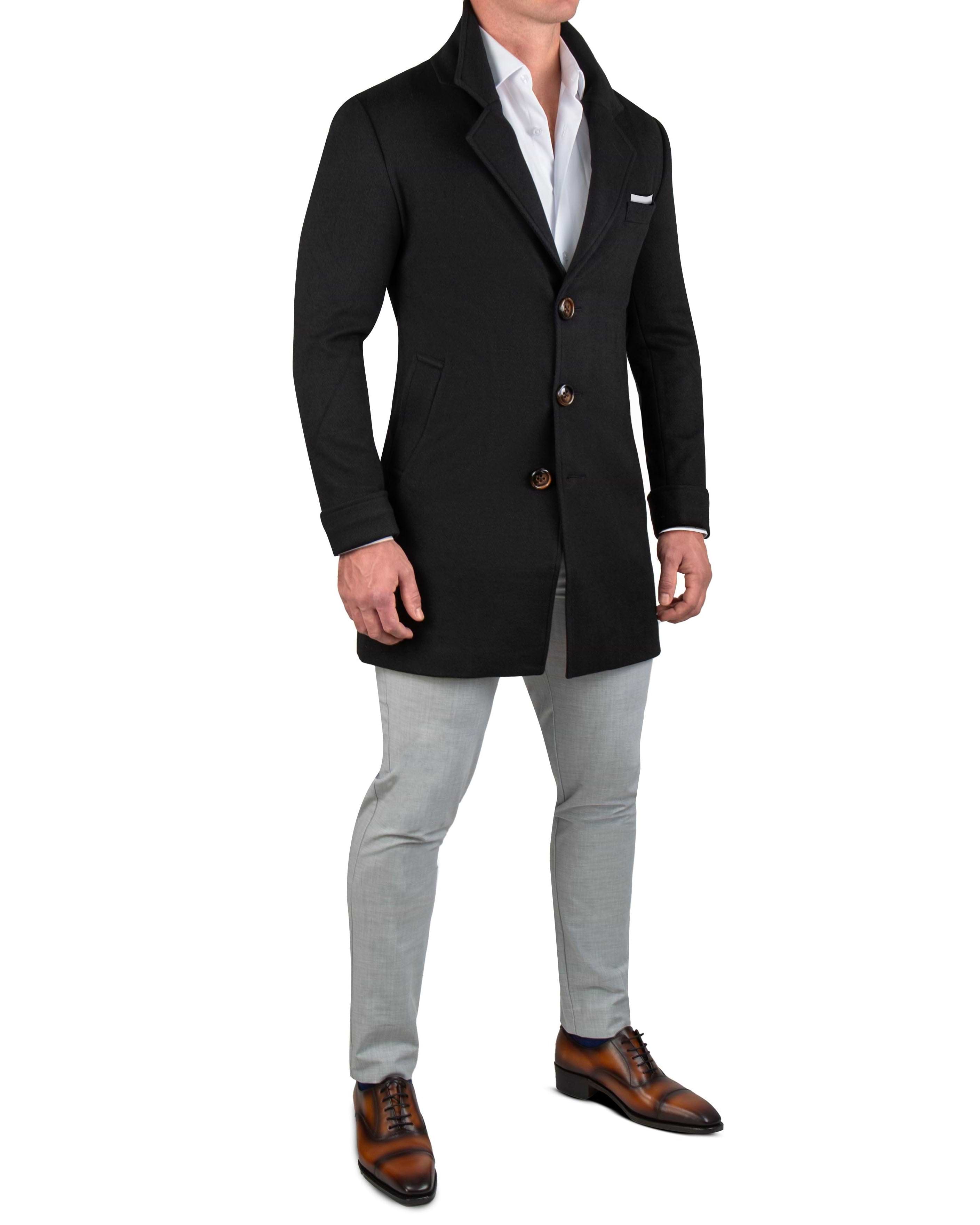 Black Herringbone 3-Button Overcoat