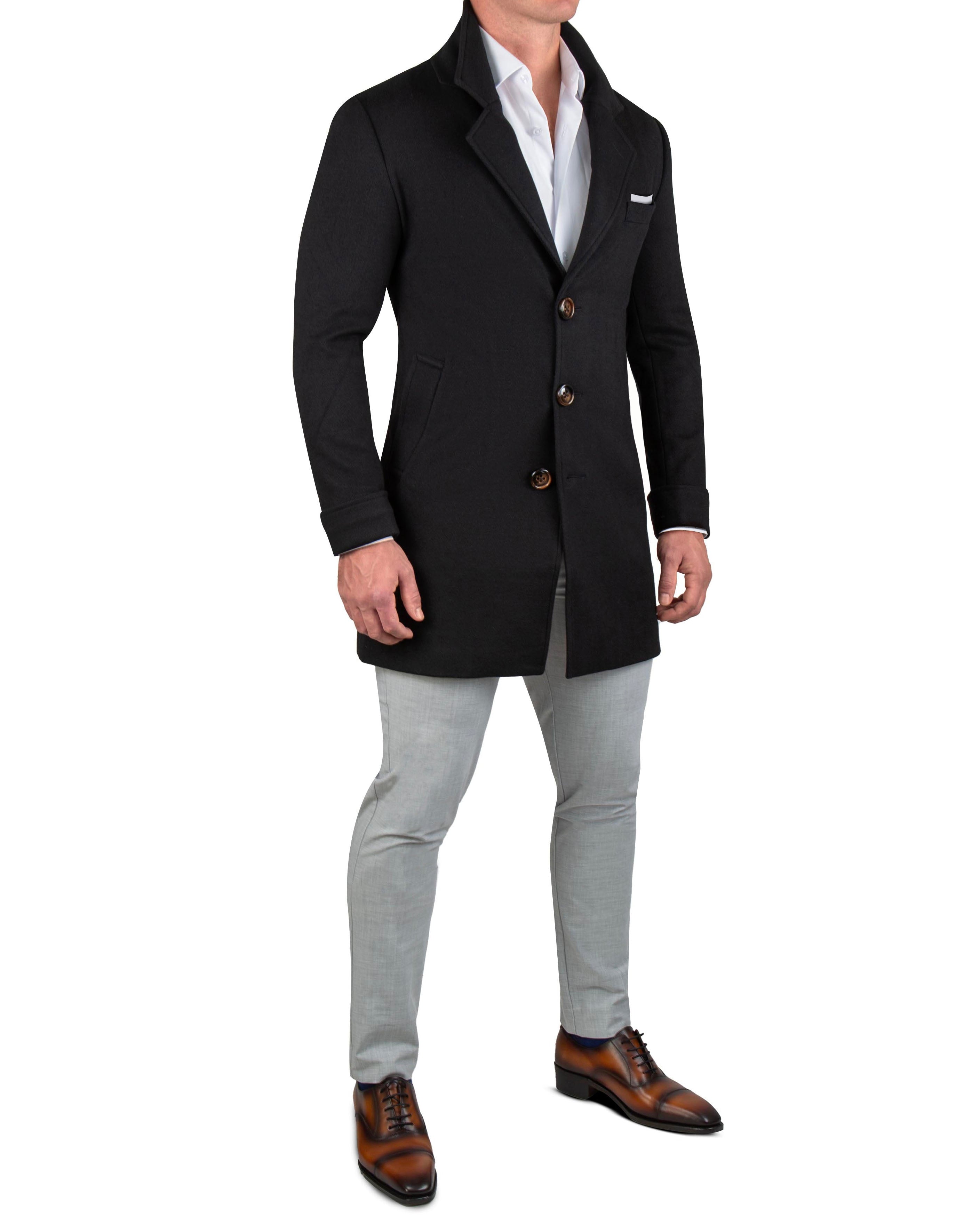 Black Herringbone 3-Button Overcoat