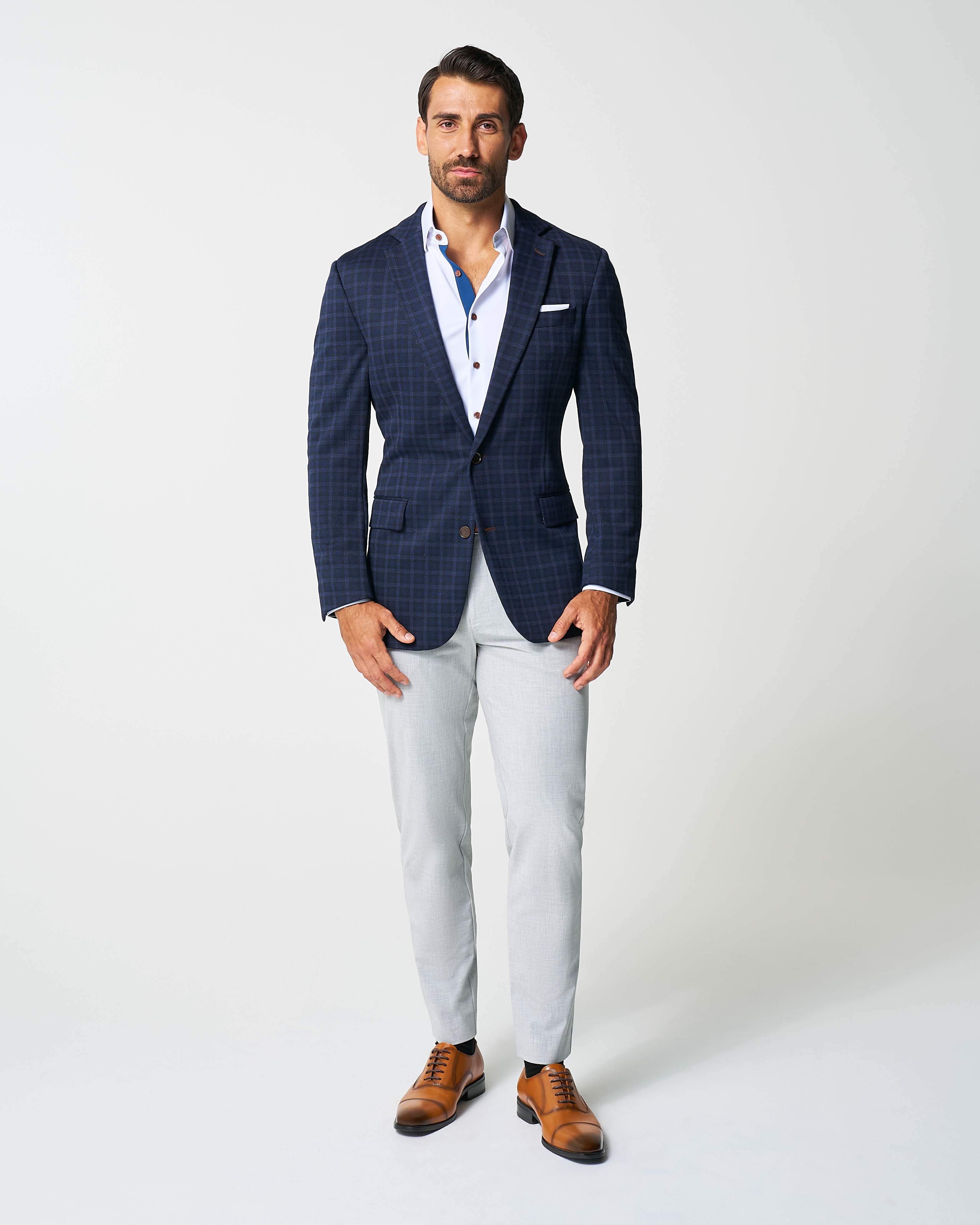 Athletic Fit Stretch Wool Blazer - Blue Plaid