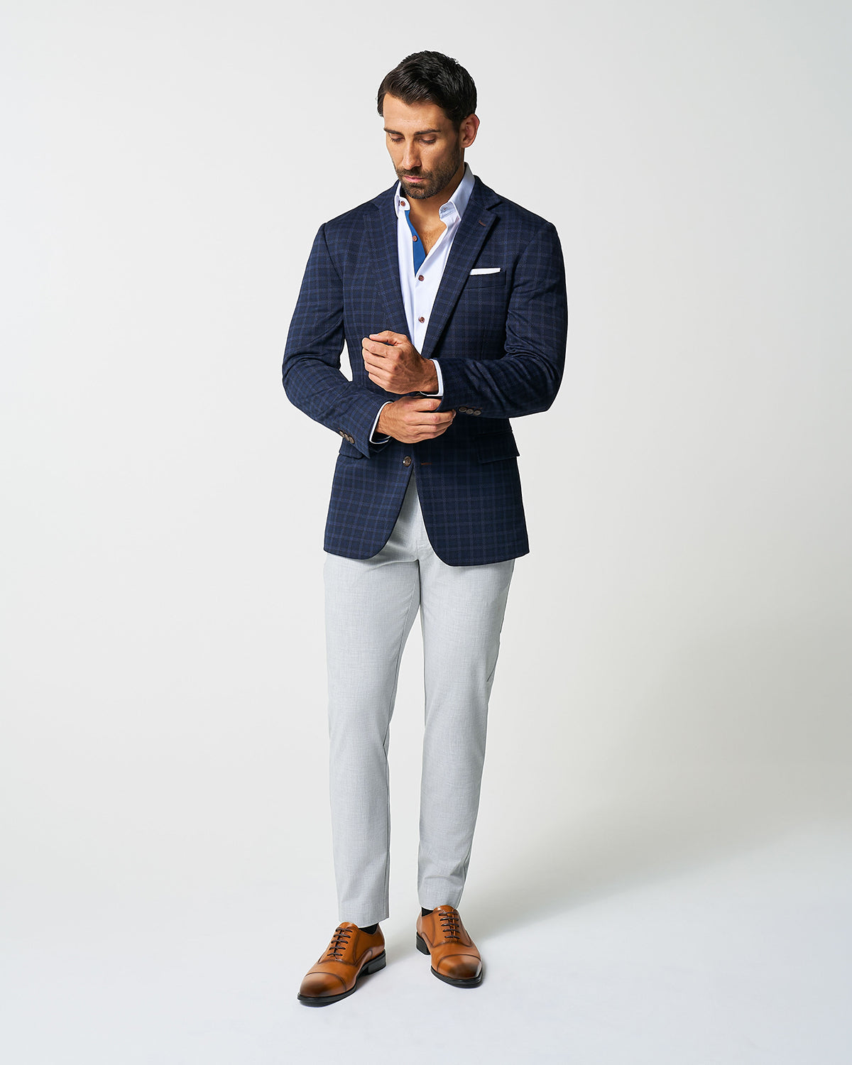 Athletic Fit Stretch Wool Blazer - Blue Plaid