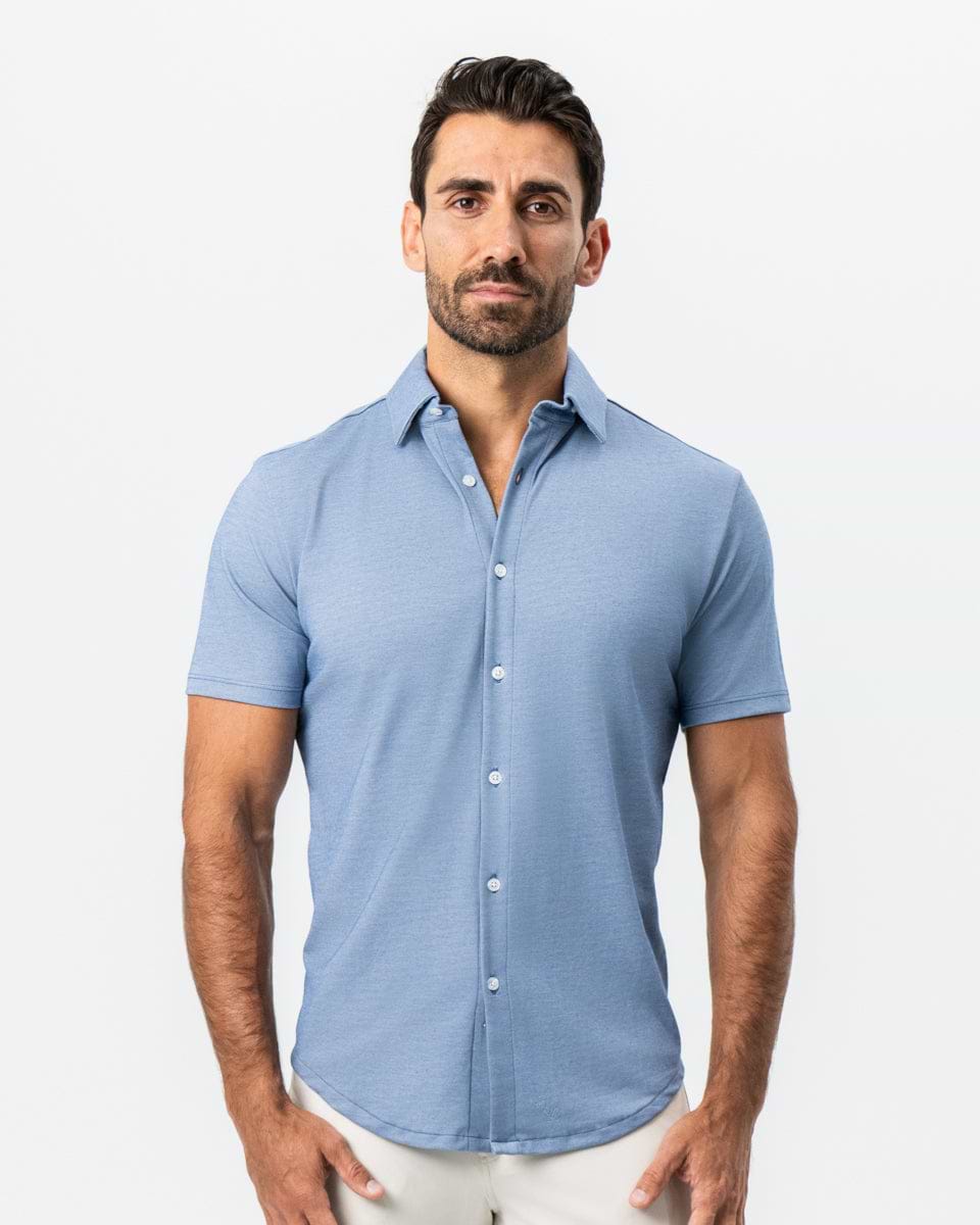 "The Capri" Sky Blue Pique Short Sleeve Button Down