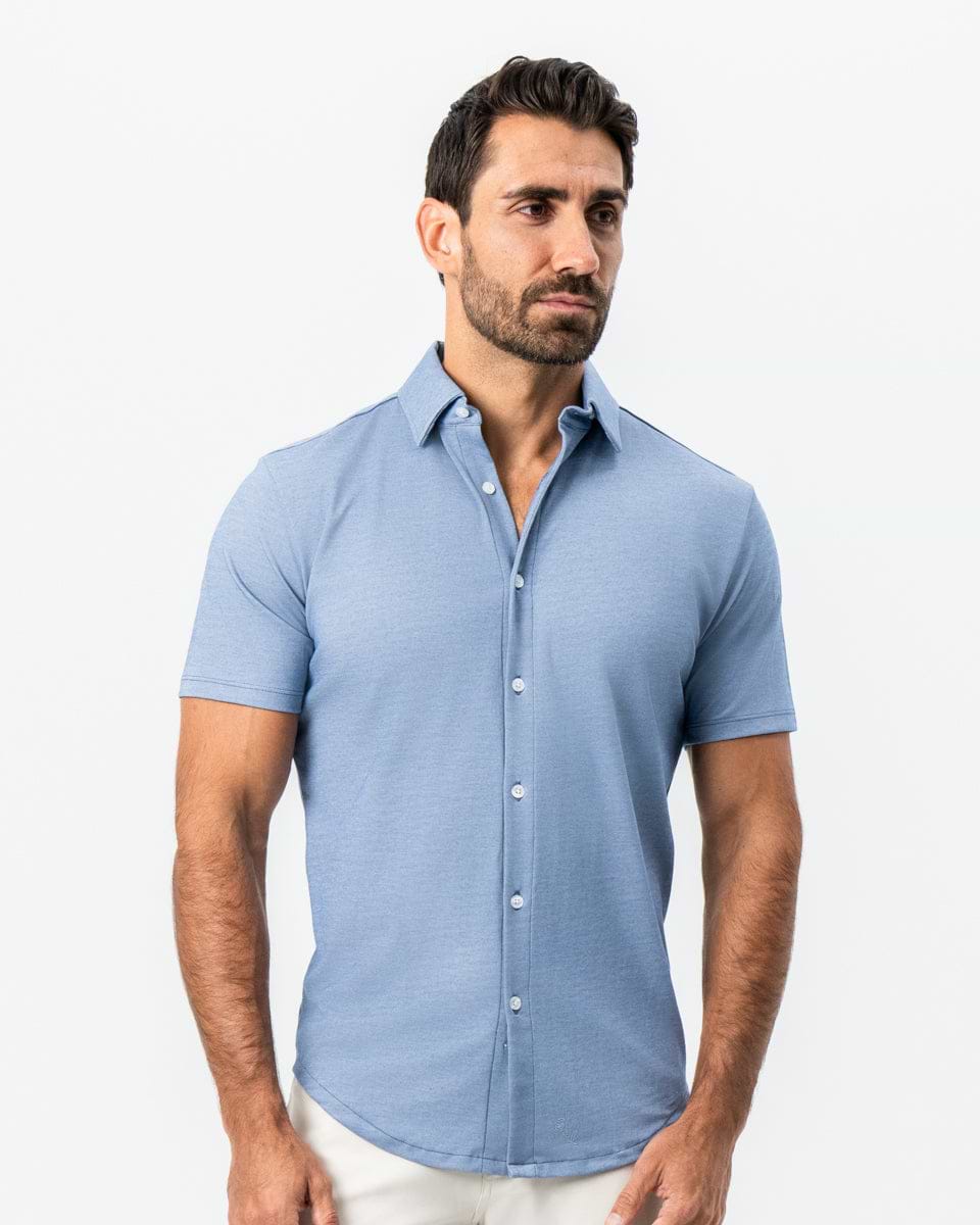 "The Capri" Sky Blue Pique Short Sleeve Button Down