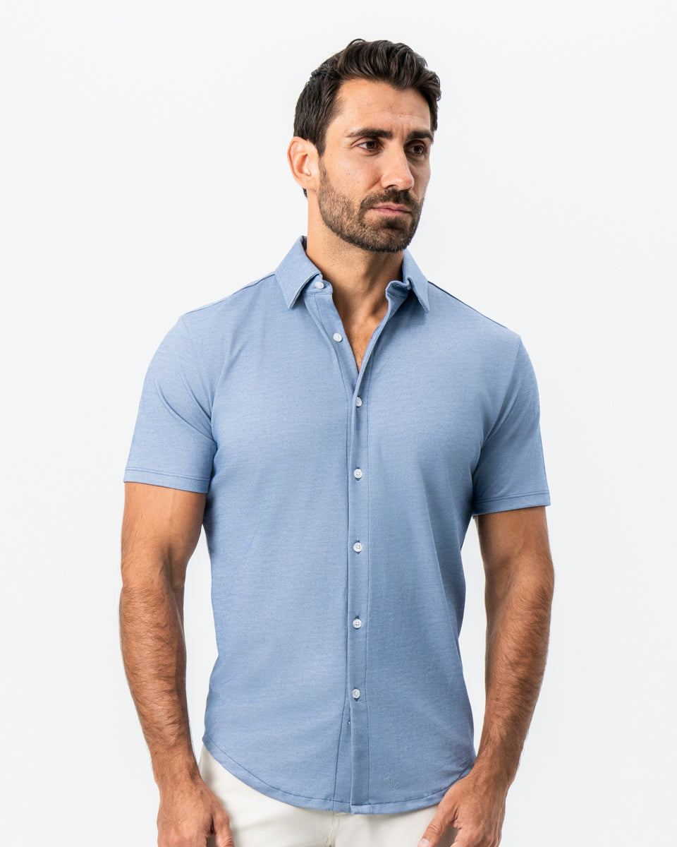 "The Capri" Sky Blue Pique Short Sleeve Button Down