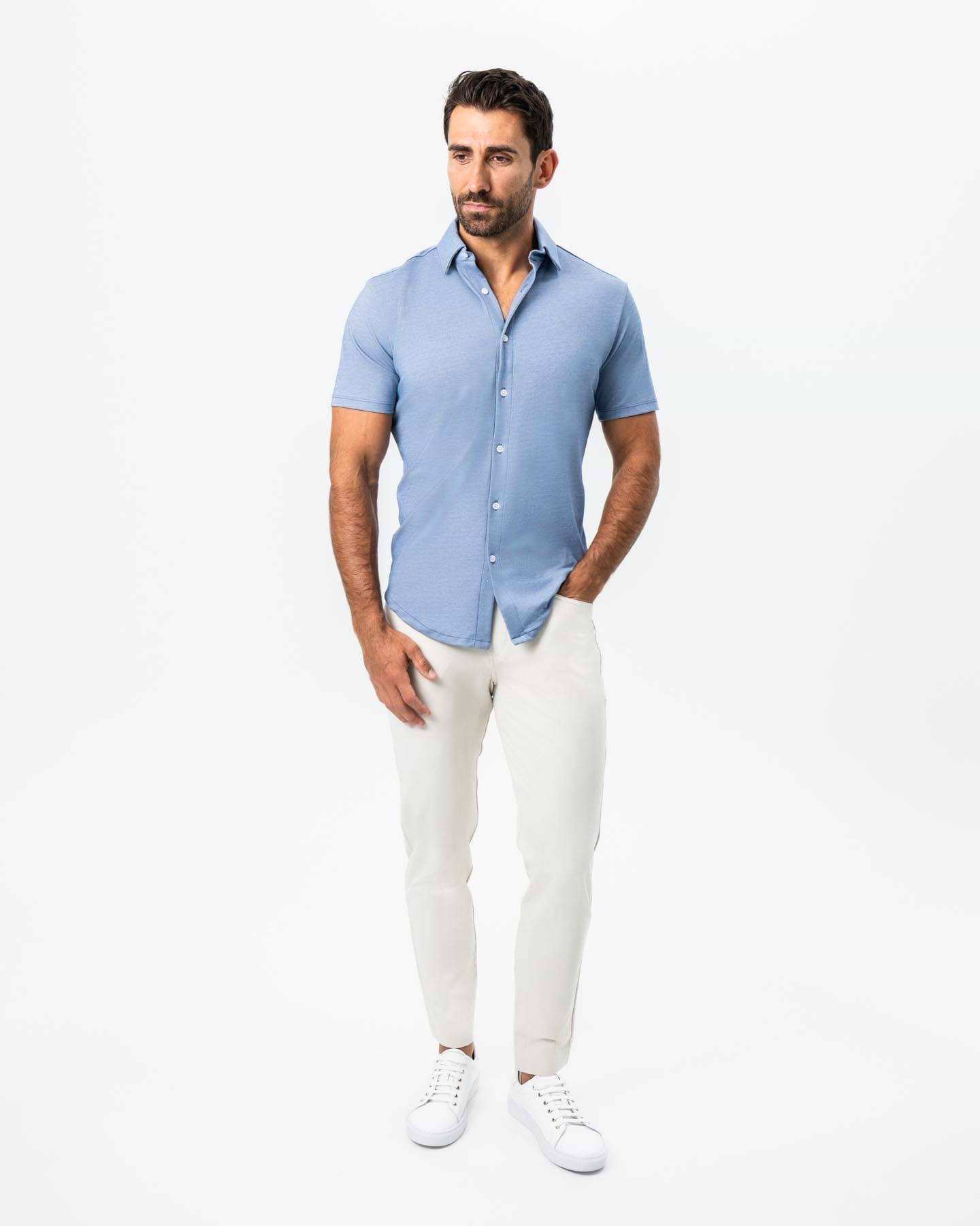 "The Capri" Sky Blue Pique Short Sleeve Button Down
