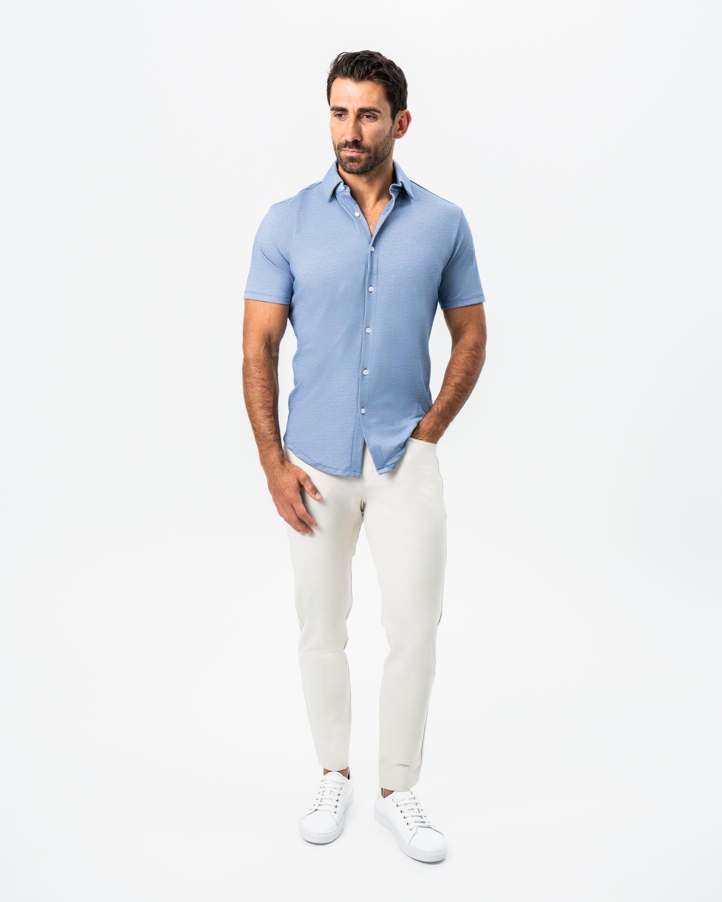 "The Capri" Sky Blue Pique Short Sleeve Button Down