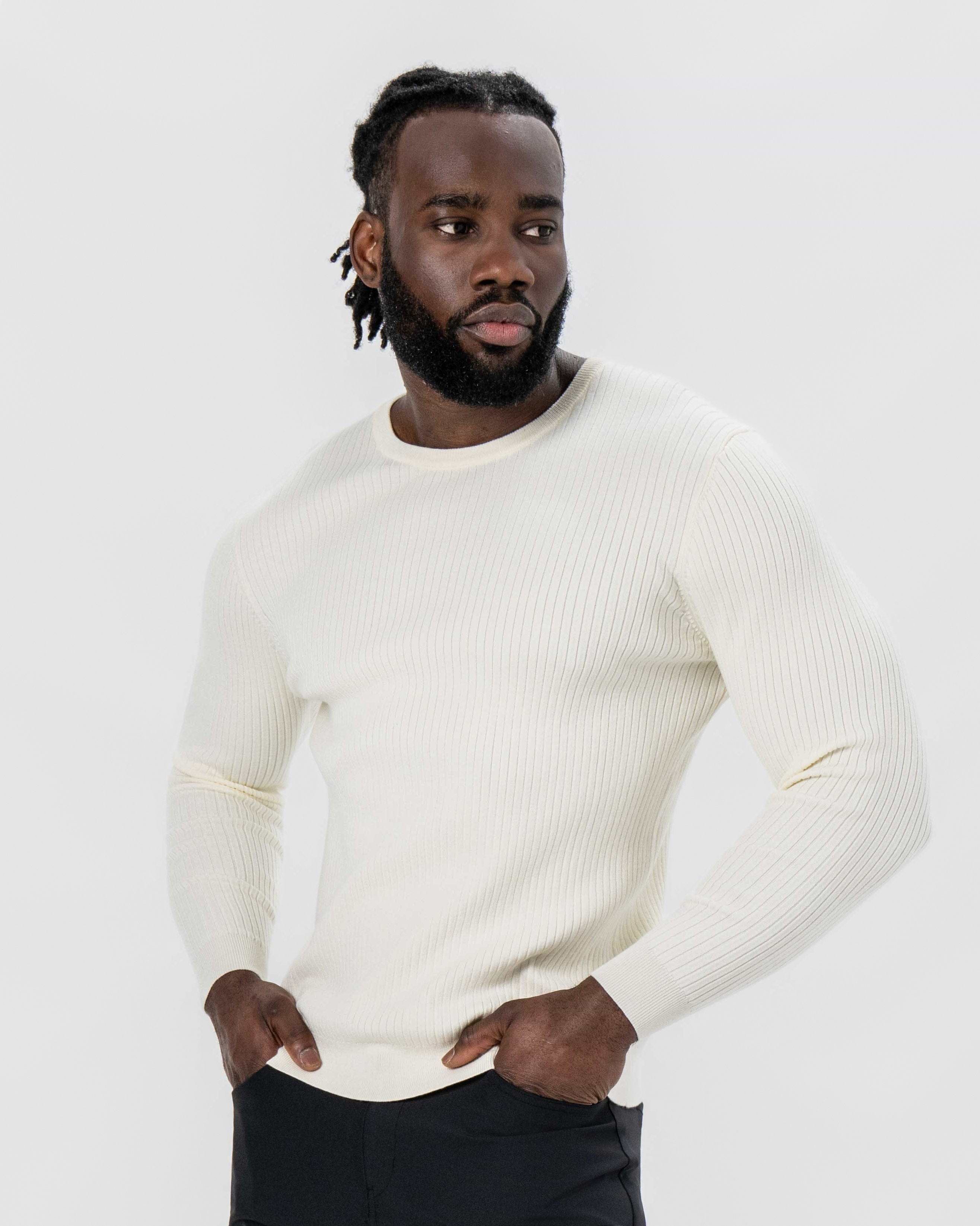 Mid-Weight Ribbed Knit Crewneck Sweater - Cream