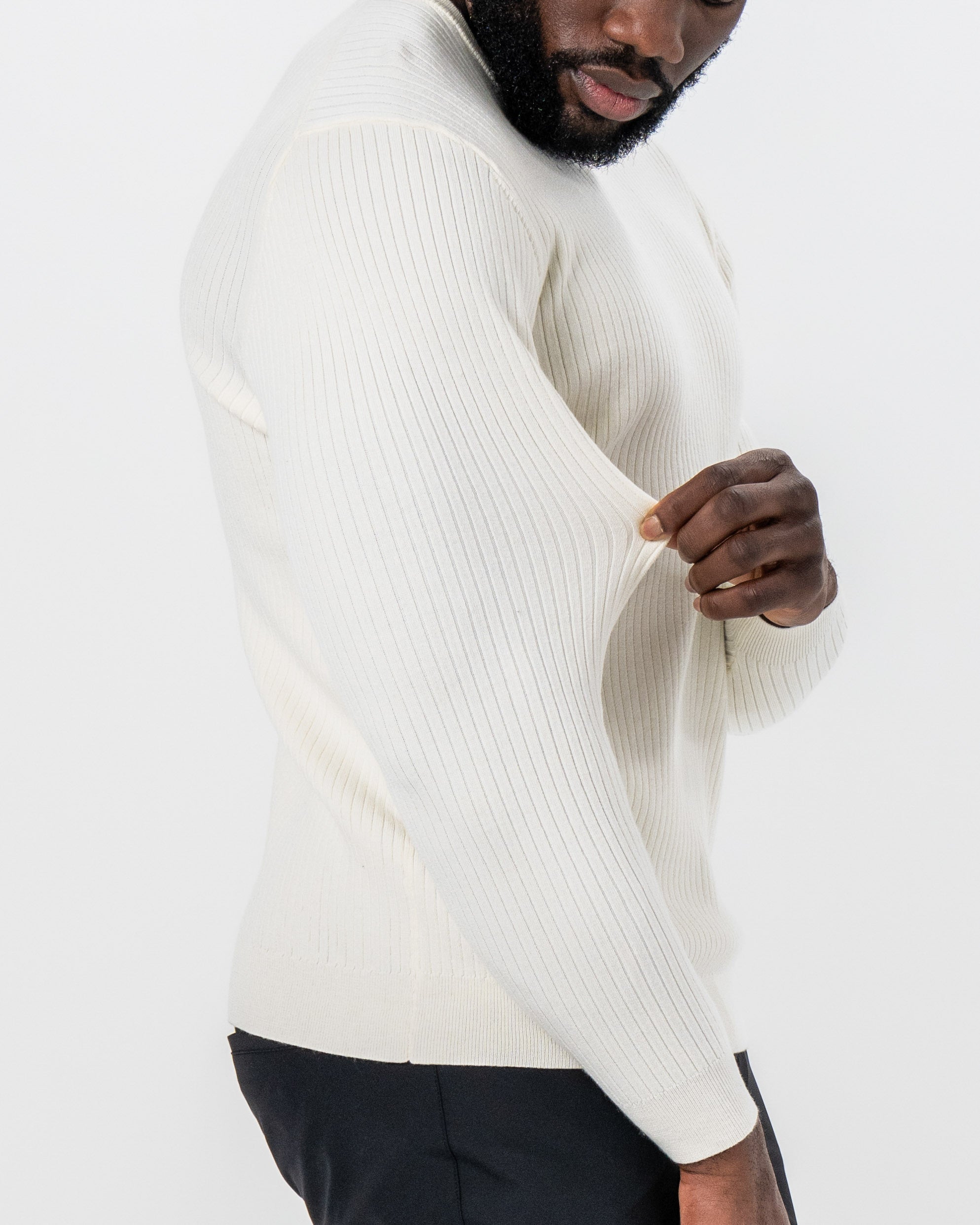 Mid-Weight Ribbed Knit Crewneck Sweater - Cream