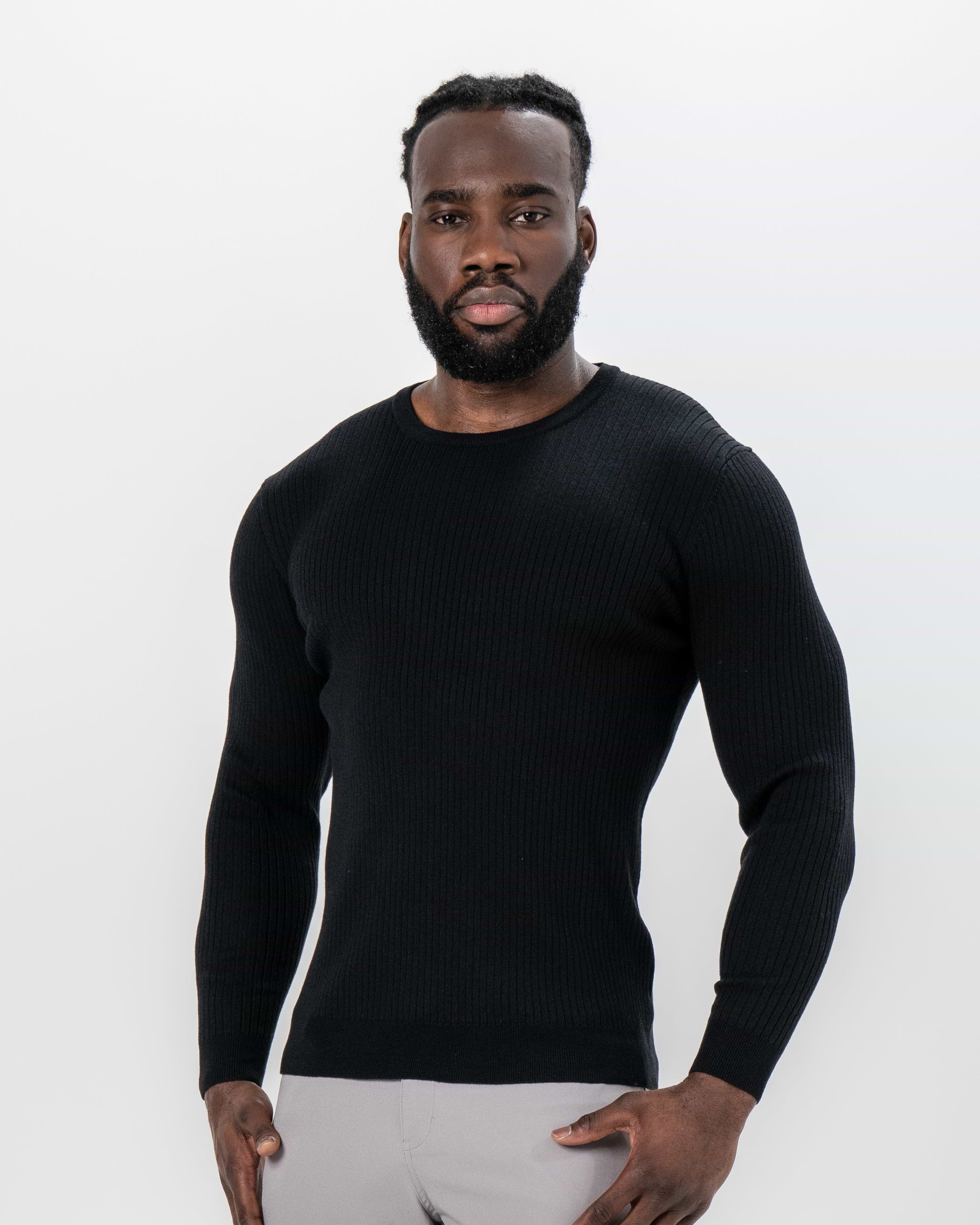 Mid-Weight Ribbed Knit Crewneck Sweater - Black
