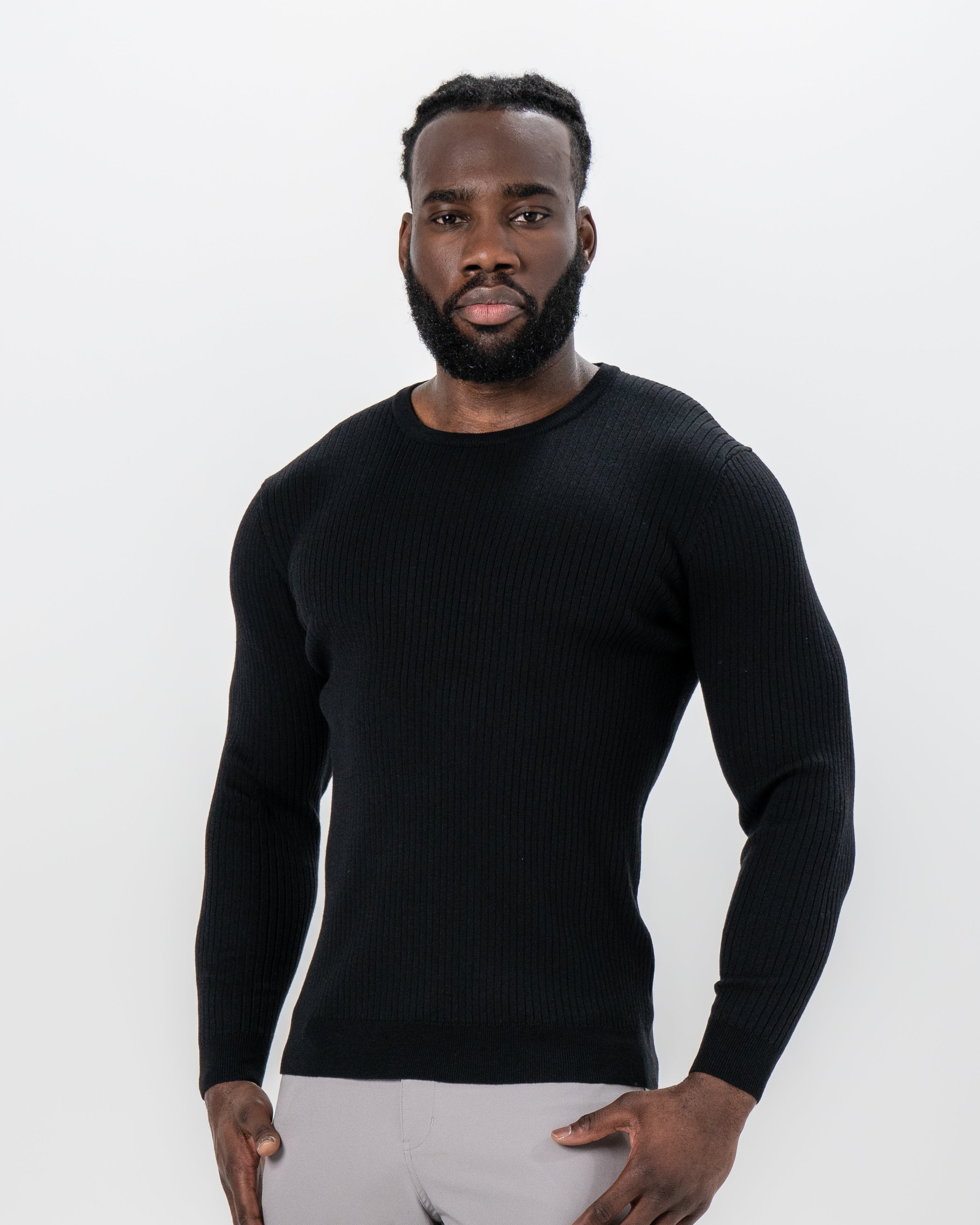 Mid-Weight Ribbed Knit Crewneck Sweater - Black