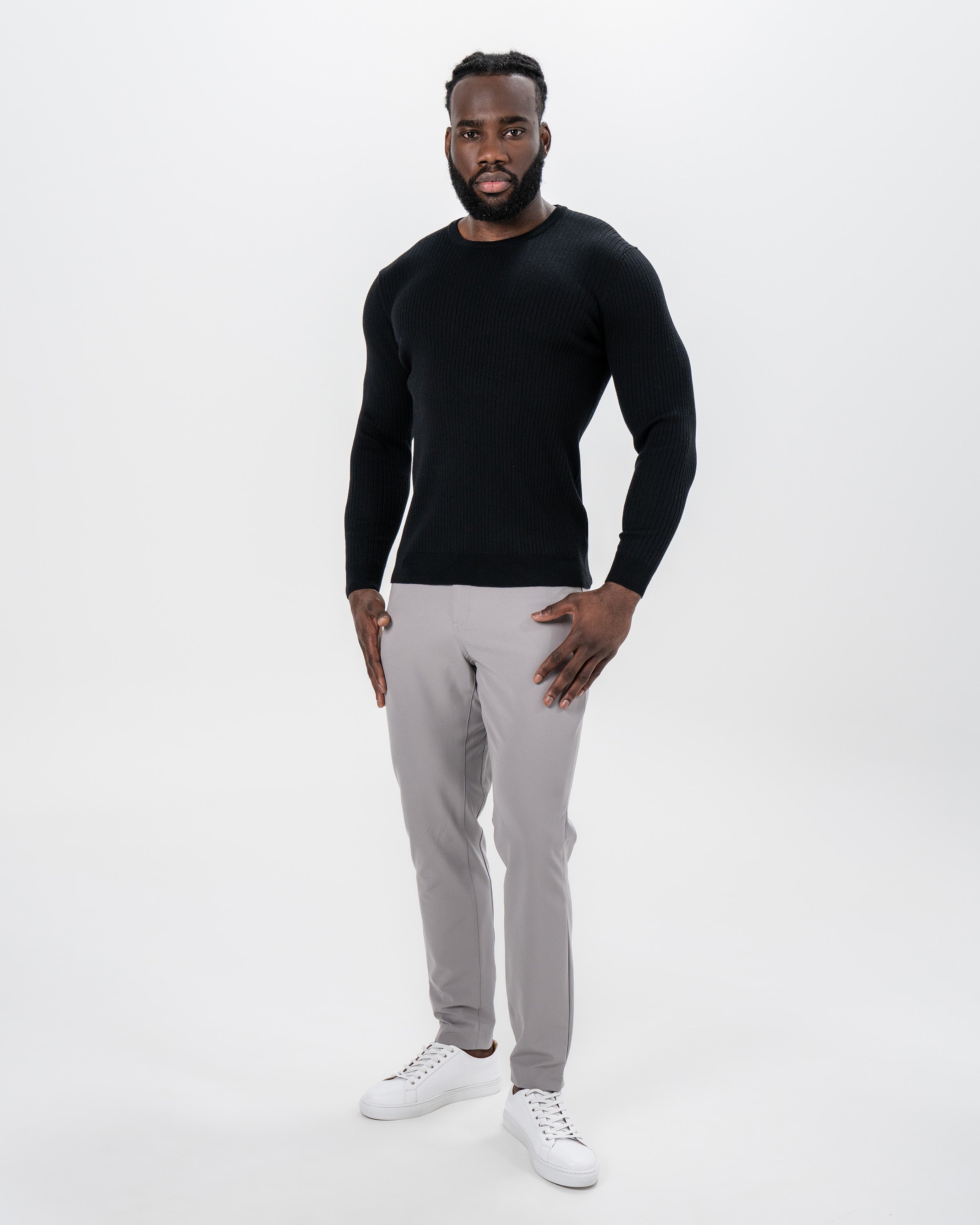 Mid-Weight Ribbed Knit Crewneck Sweater - Black
