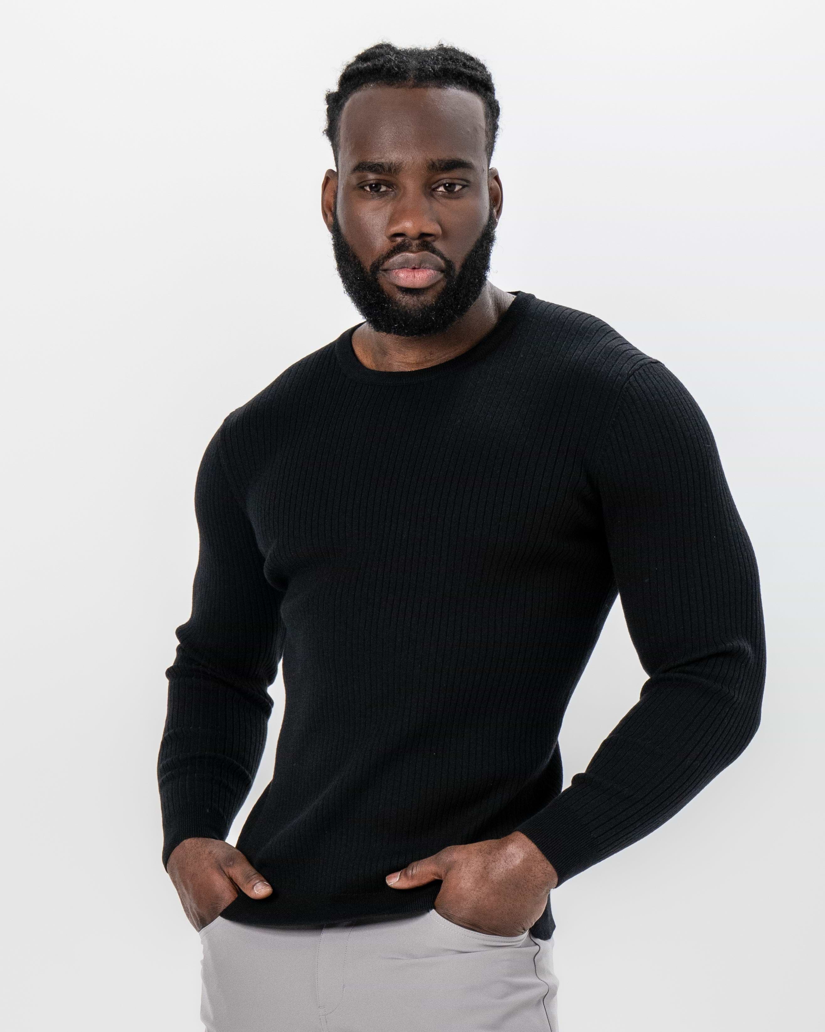 Mid-Weight Ribbed Knit Crewneck Sweater - Black