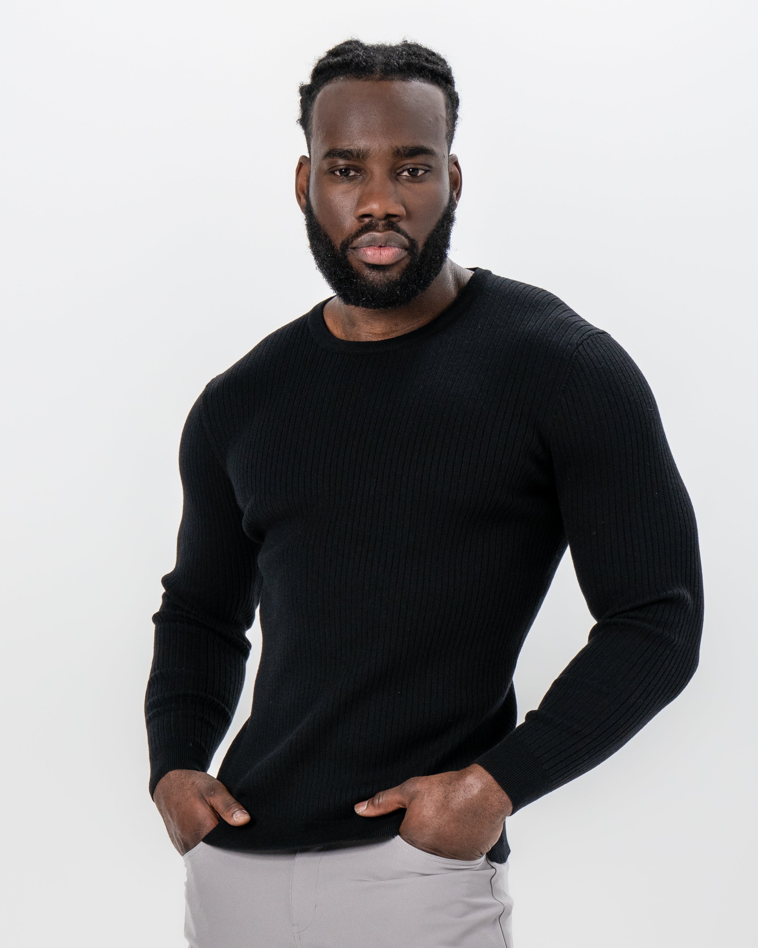 Mid-Weight Ribbed Knit Crewneck Sweater - Black