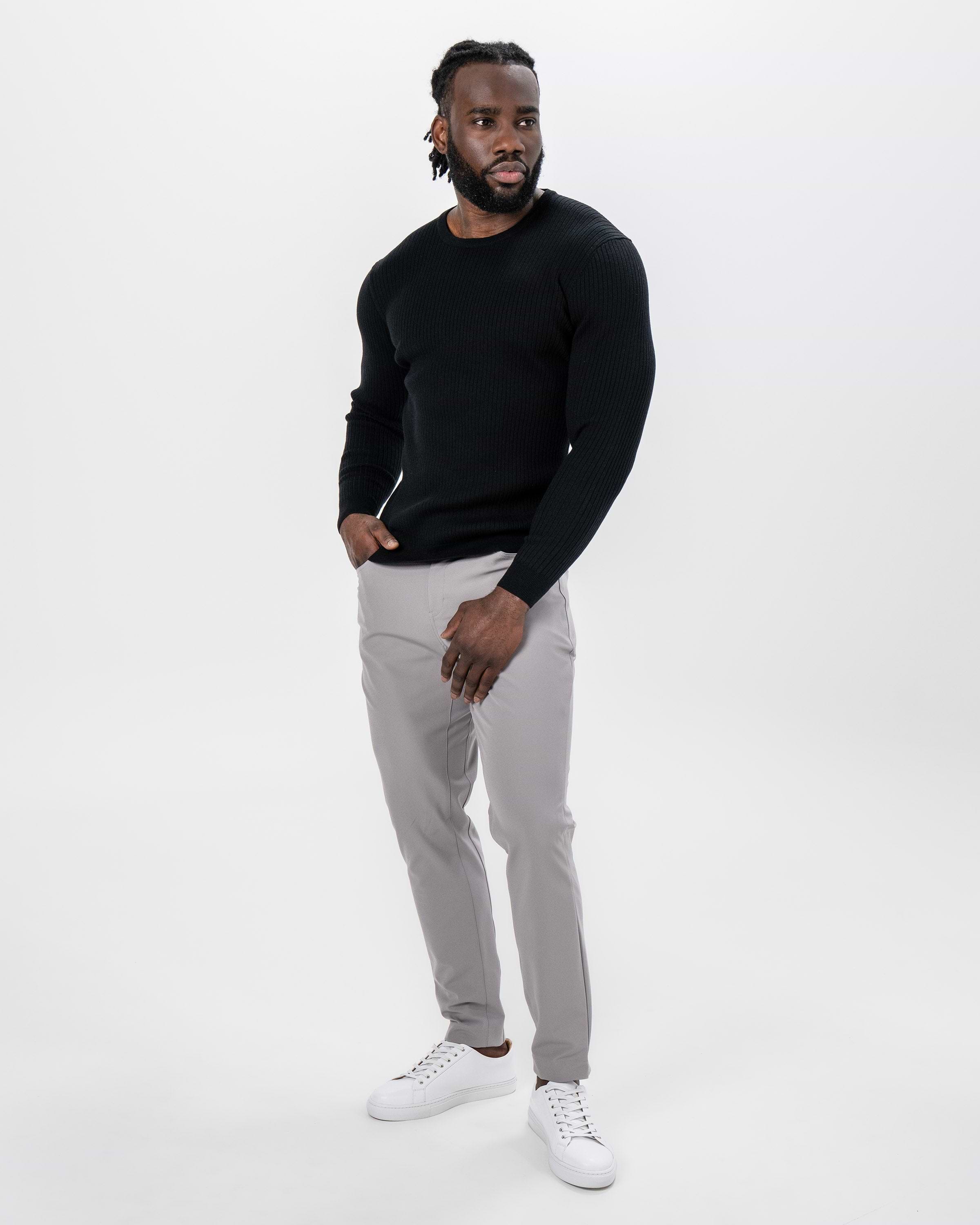 Mid-Weight Ribbed Knit Crewneck Sweater - Black