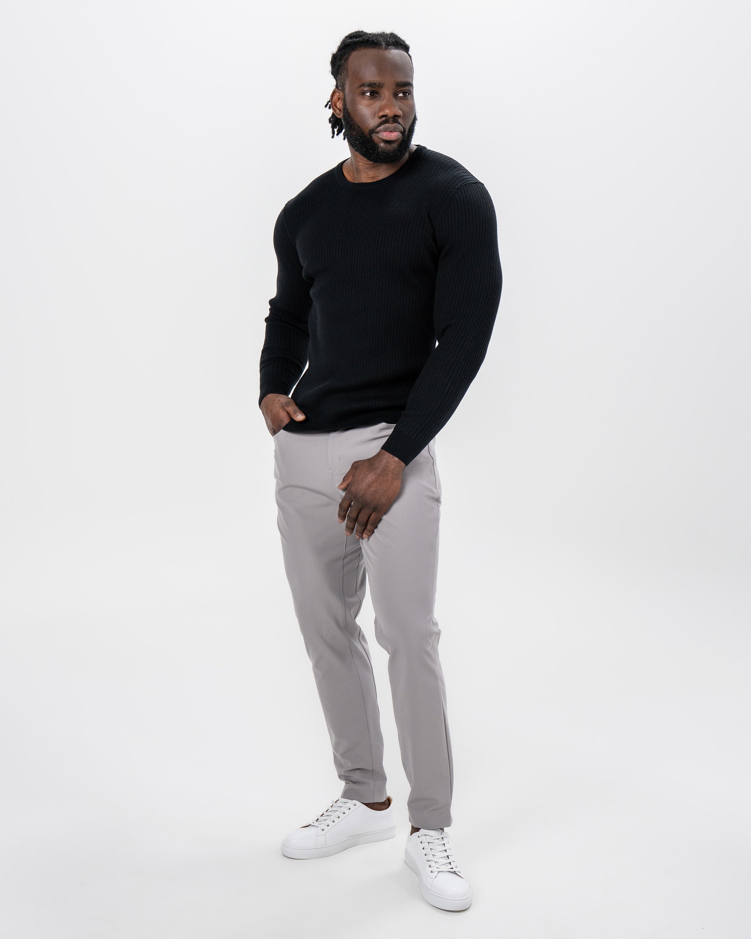 Mid-Weight Ribbed Knit Crewneck Sweater - Black