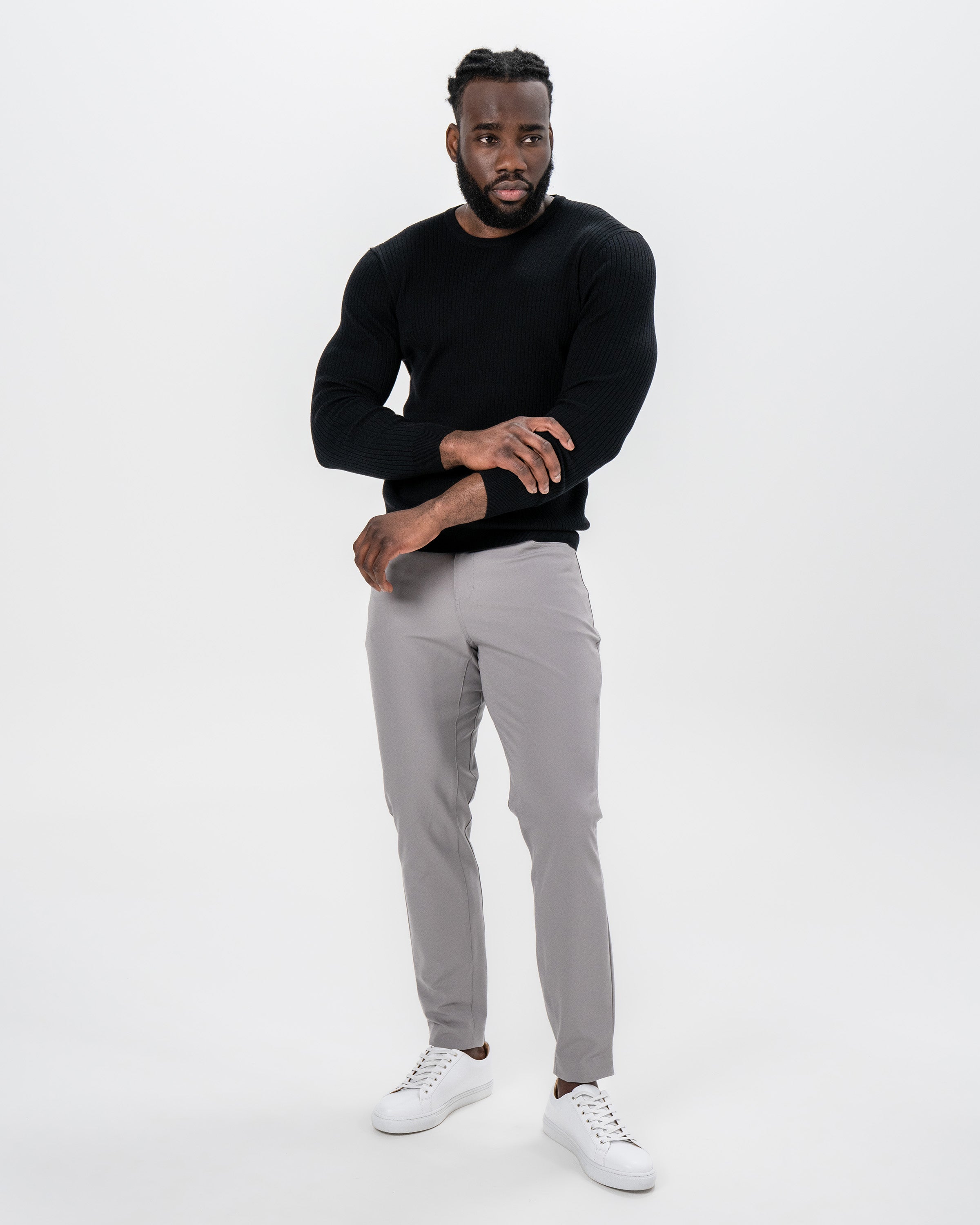 Mid-Weight Ribbed Knit Crewneck Sweater - Black