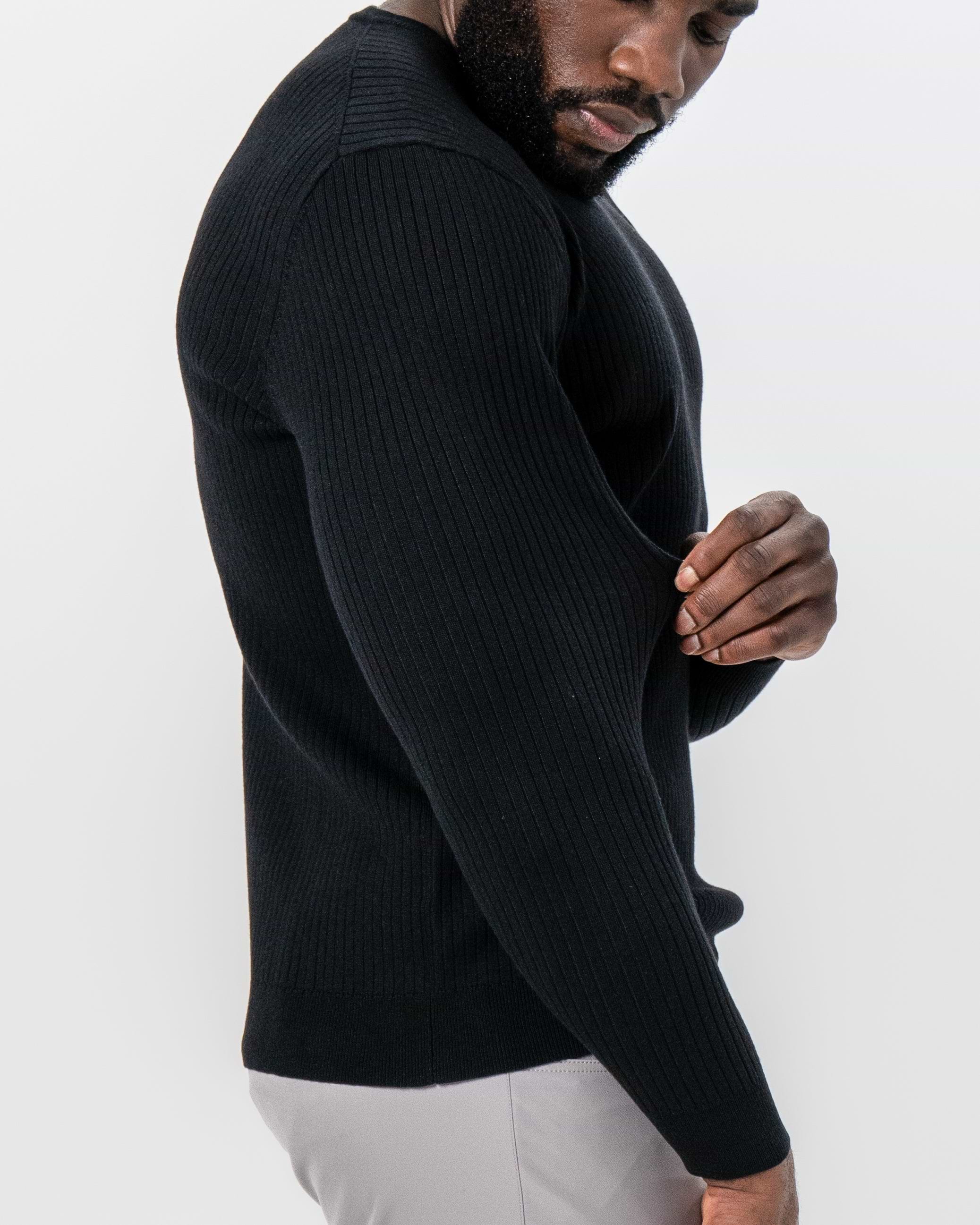 Mid-Weight Ribbed Knit Crewneck Sweater - Black