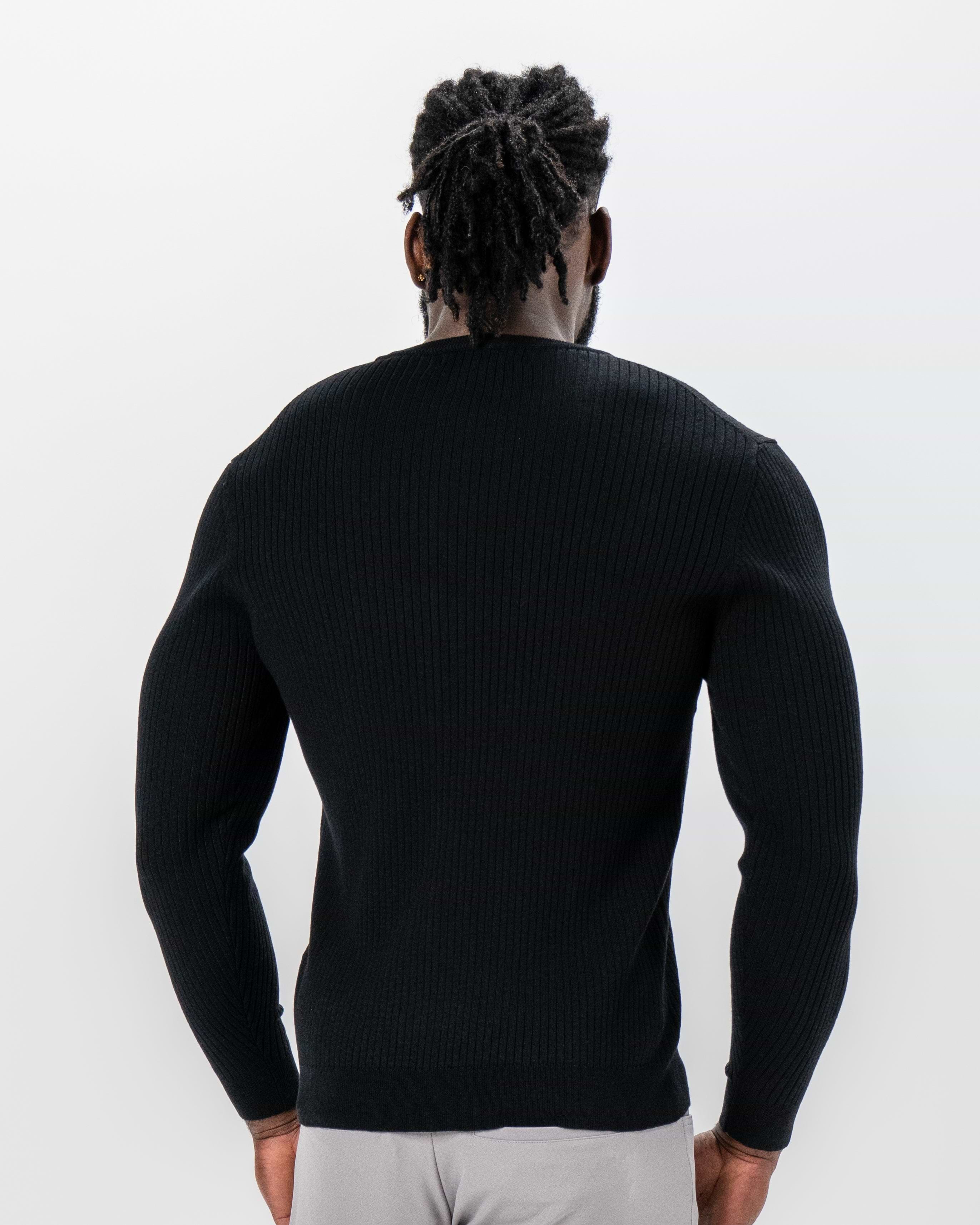 Mid-Weight Ribbed Knit Crewneck Sweater - Black