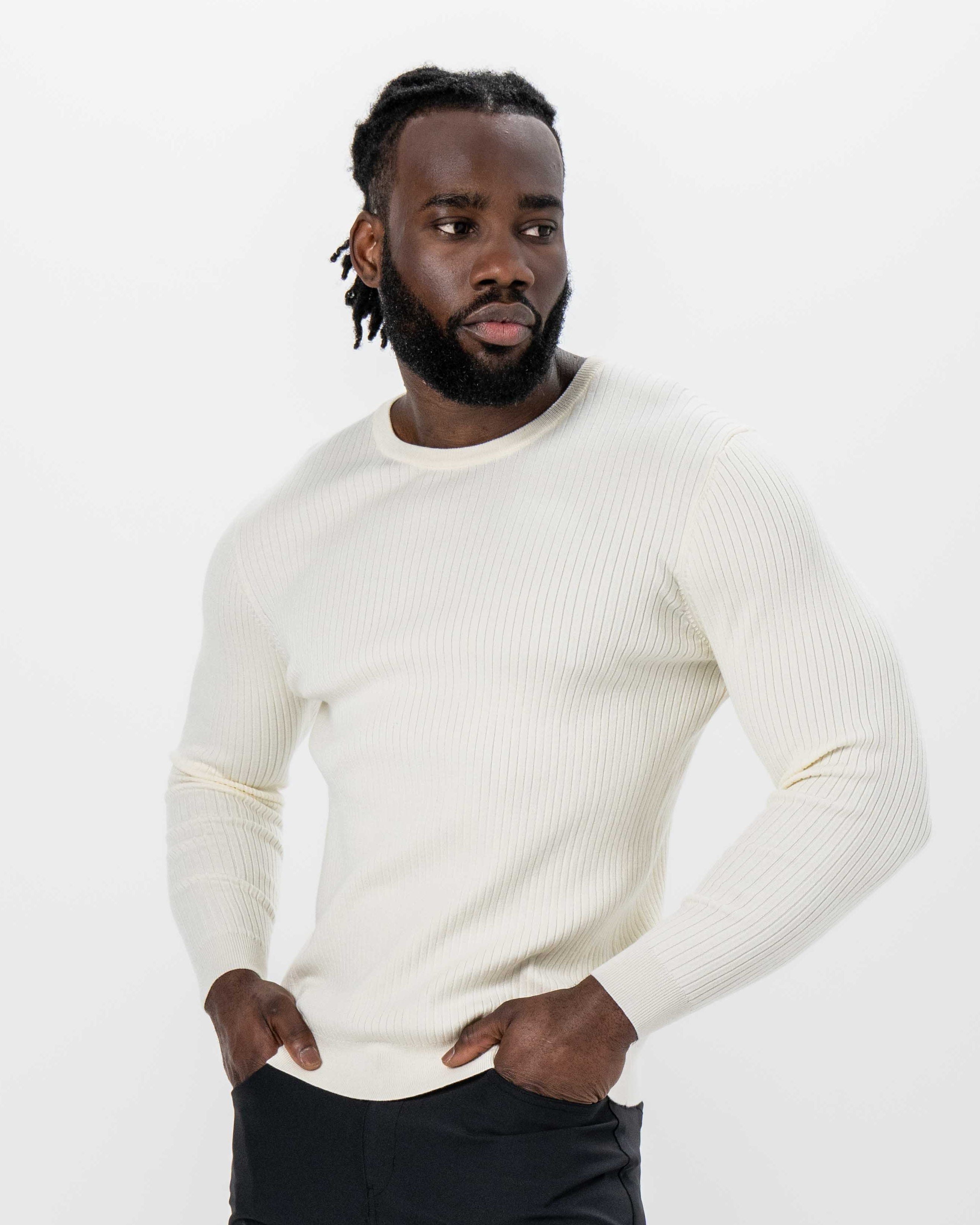 Mid-Weight Ribbed Knit Crewneck Sweater - Cream