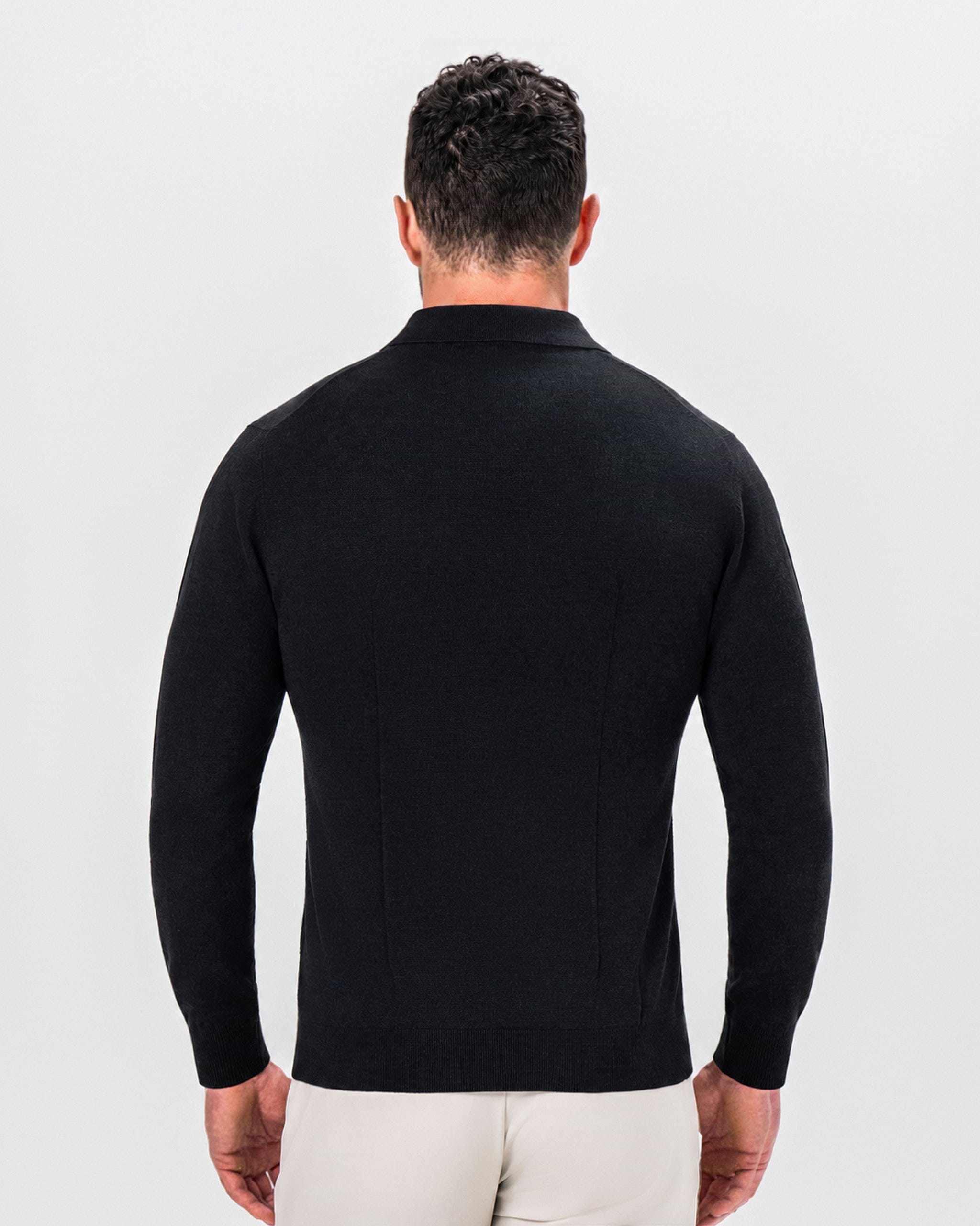 Long Sleeve Textured Knit Cashmere Polo - Charcoal