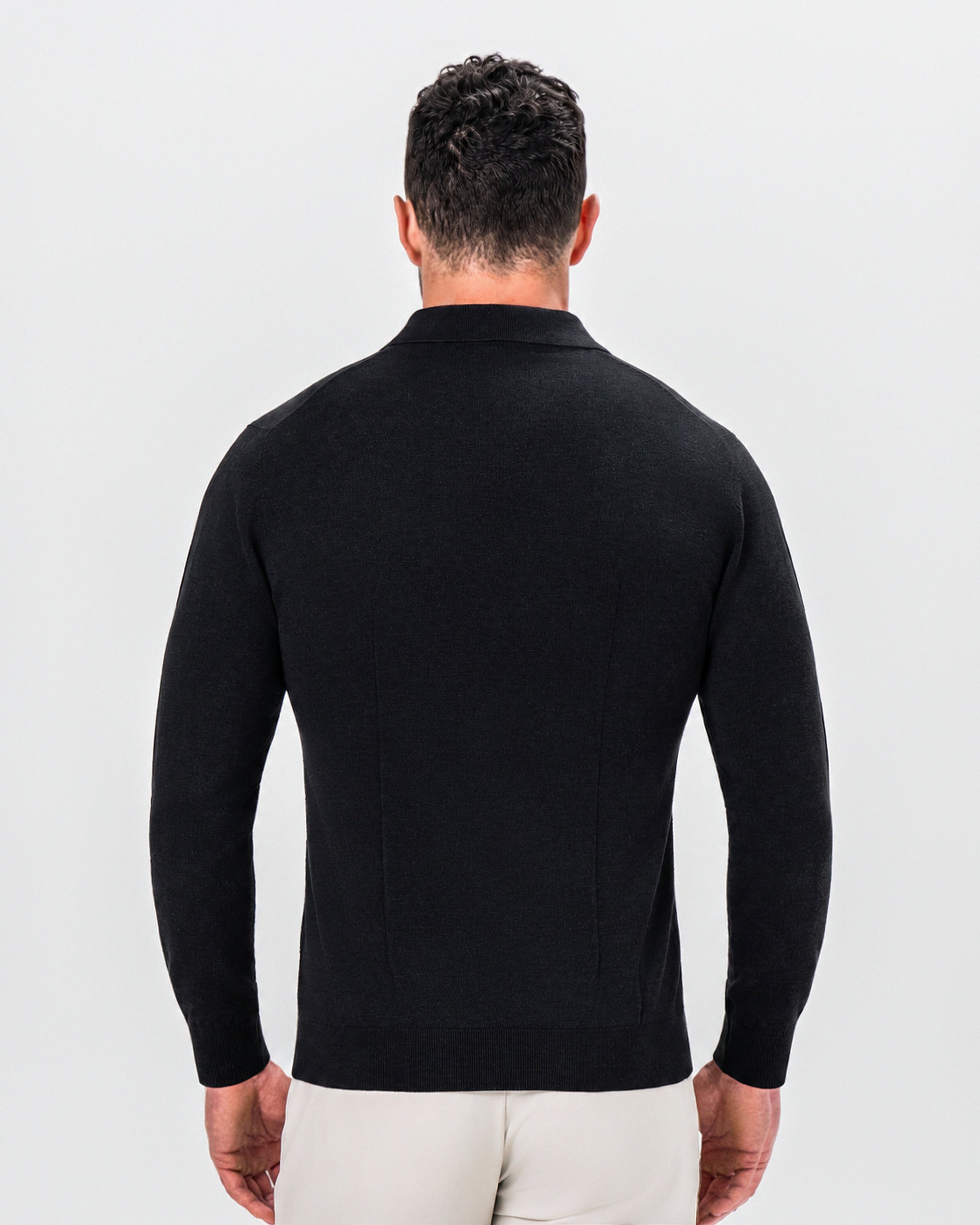 Long Sleeve Textured Knit Cashmere Polo - Charcoal