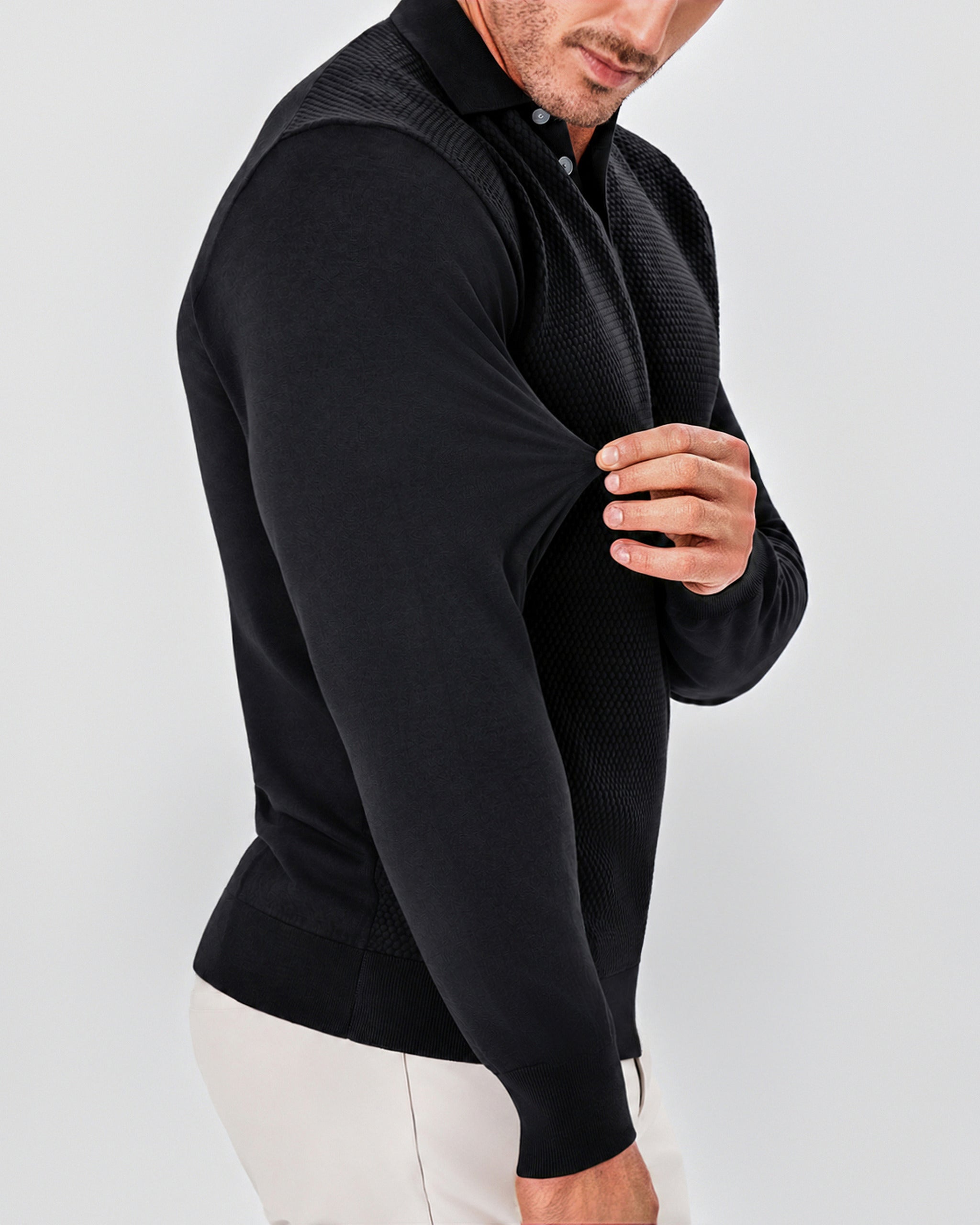 Long Sleeve Textured Knit Cashmere Polo - Charcoal