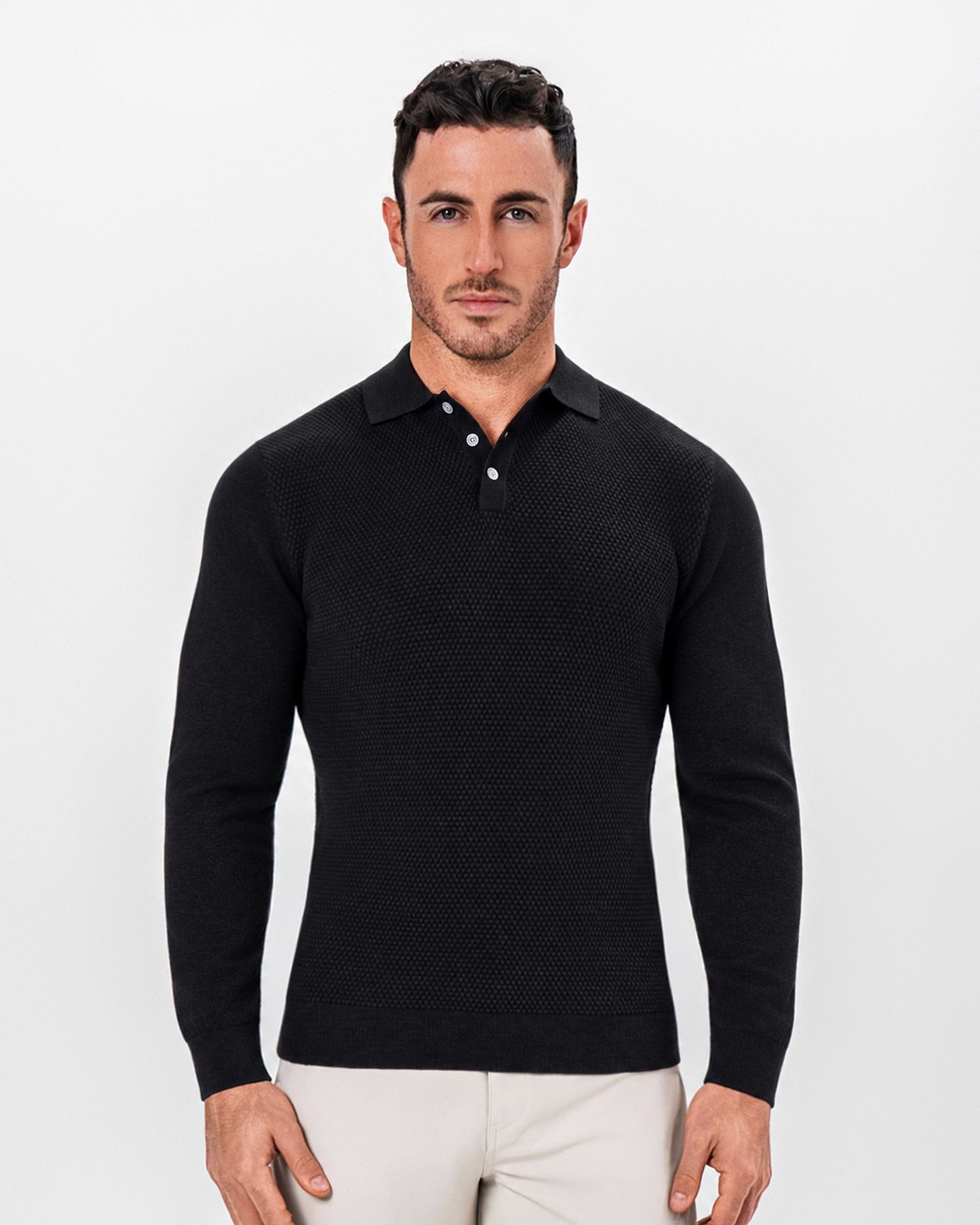 Long Sleeve Textured Knit Cashmere Polo - Charcoal