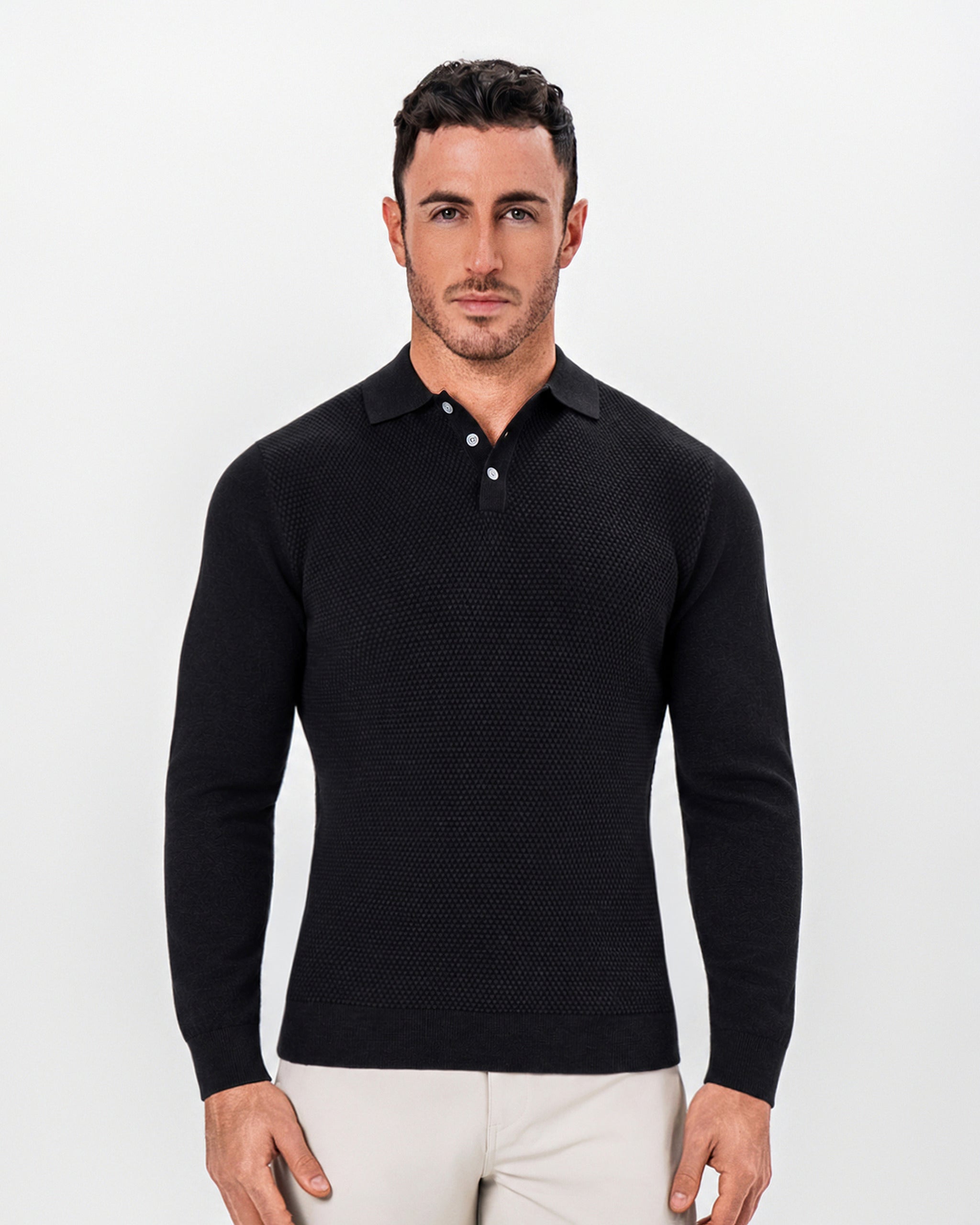 Long Sleeve Textured Knit Cashmere Polo - Charcoal