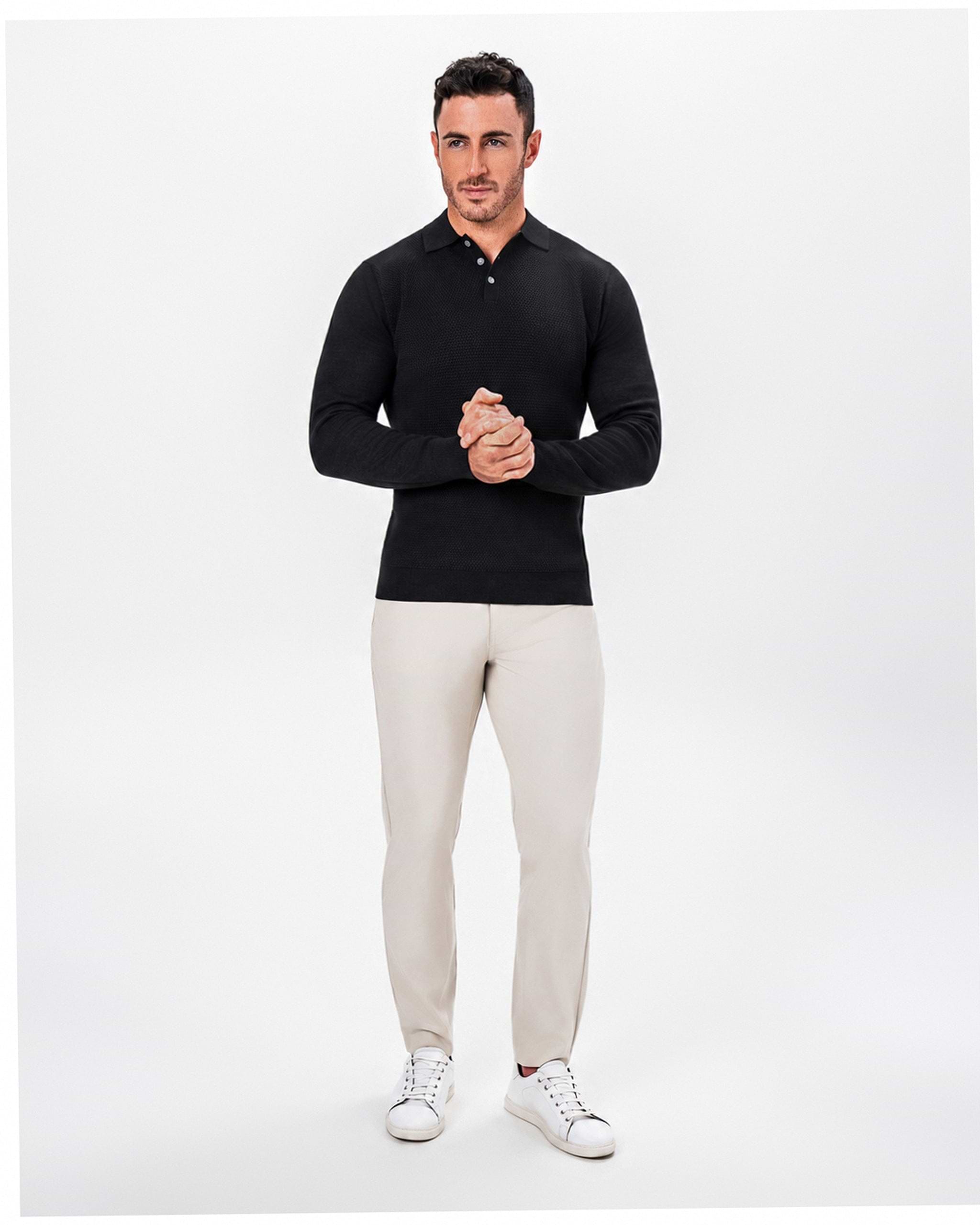 Long Sleeve Textured Knit Cashmere Polo - Charcoal